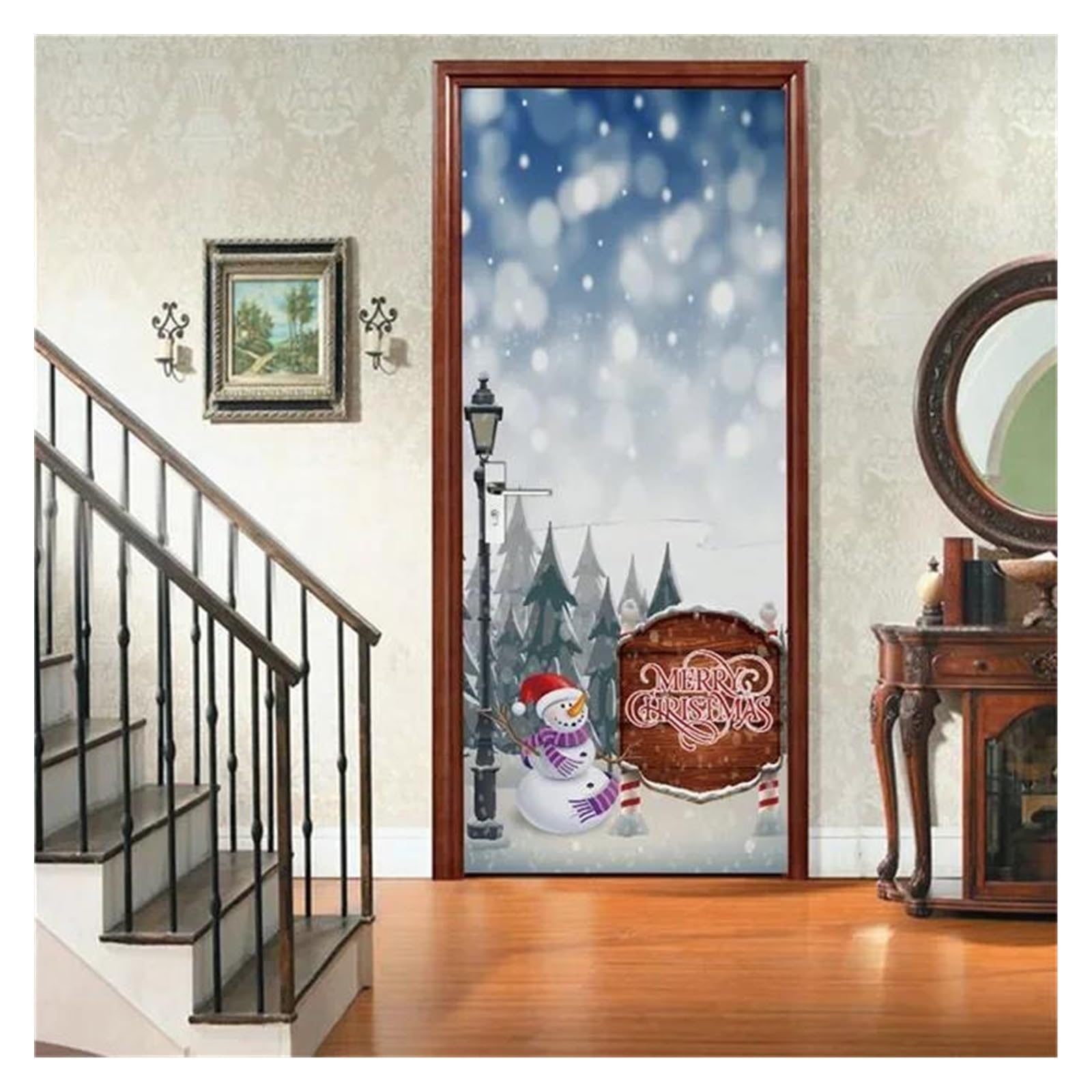 Stickers de porte bonhomme de neige Noël 90x200cm pour cuisine et salon