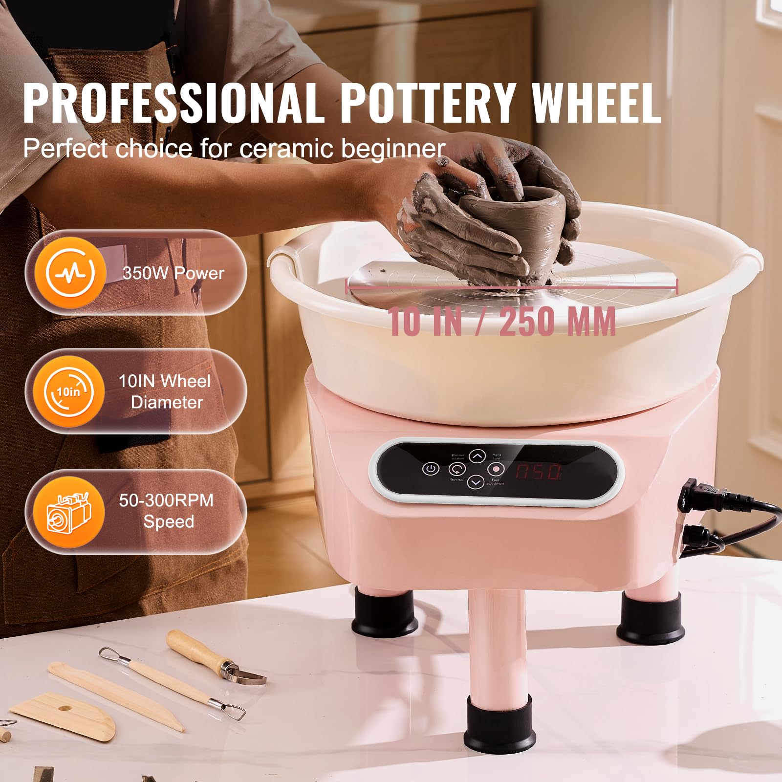 Happybuy 350W Pottery Wheel, 10 Inch Electric Pottery Forming Machine with Foot Pedal & LCD Touch Screen, Direct Drive Ceramic Wheel for DIY Art Craft, Pink, 3 Support Legs