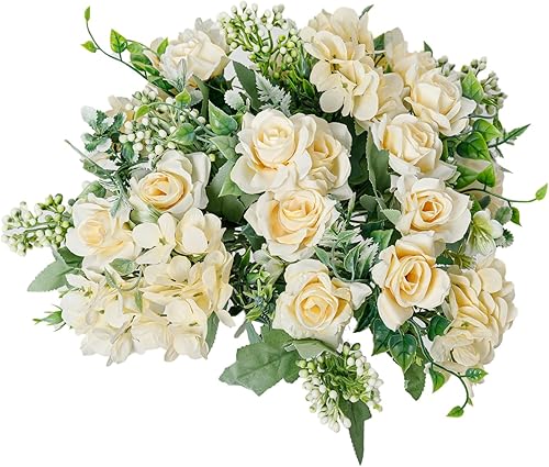 Ramo de flores artificiales de seda artificial, 5 ramas, rosas pequeñas para bodas, hogar, oficina, mesas, decoración, 4 paquetes (champán)