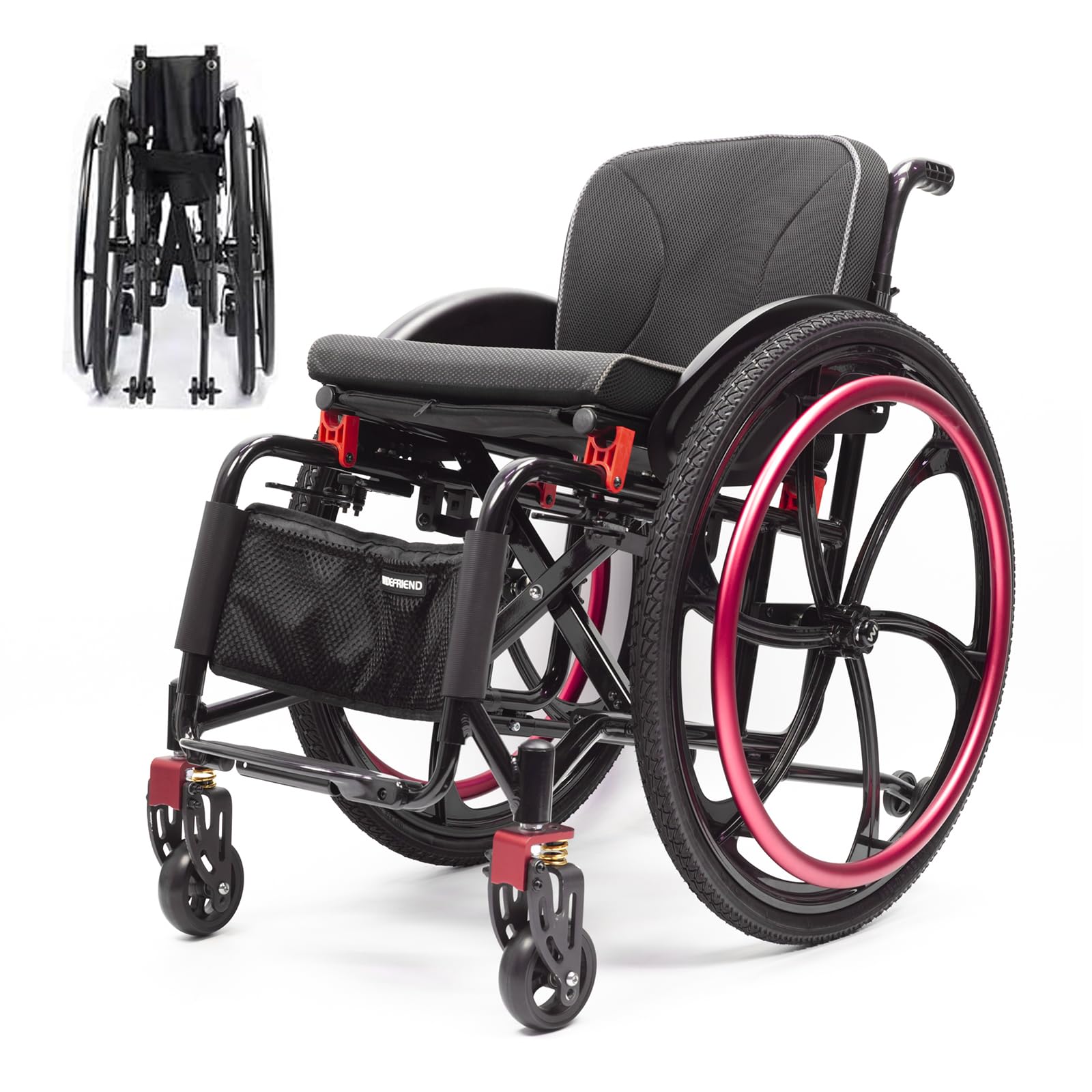 HTDRE Folding Sports Wheelchair, Lightweight Aluminum Alloy, Adjustable Footrest and Seat Height, Self-Propelled Manual Wheelchair with 24-Inch Wheels, 220 lb Capacity