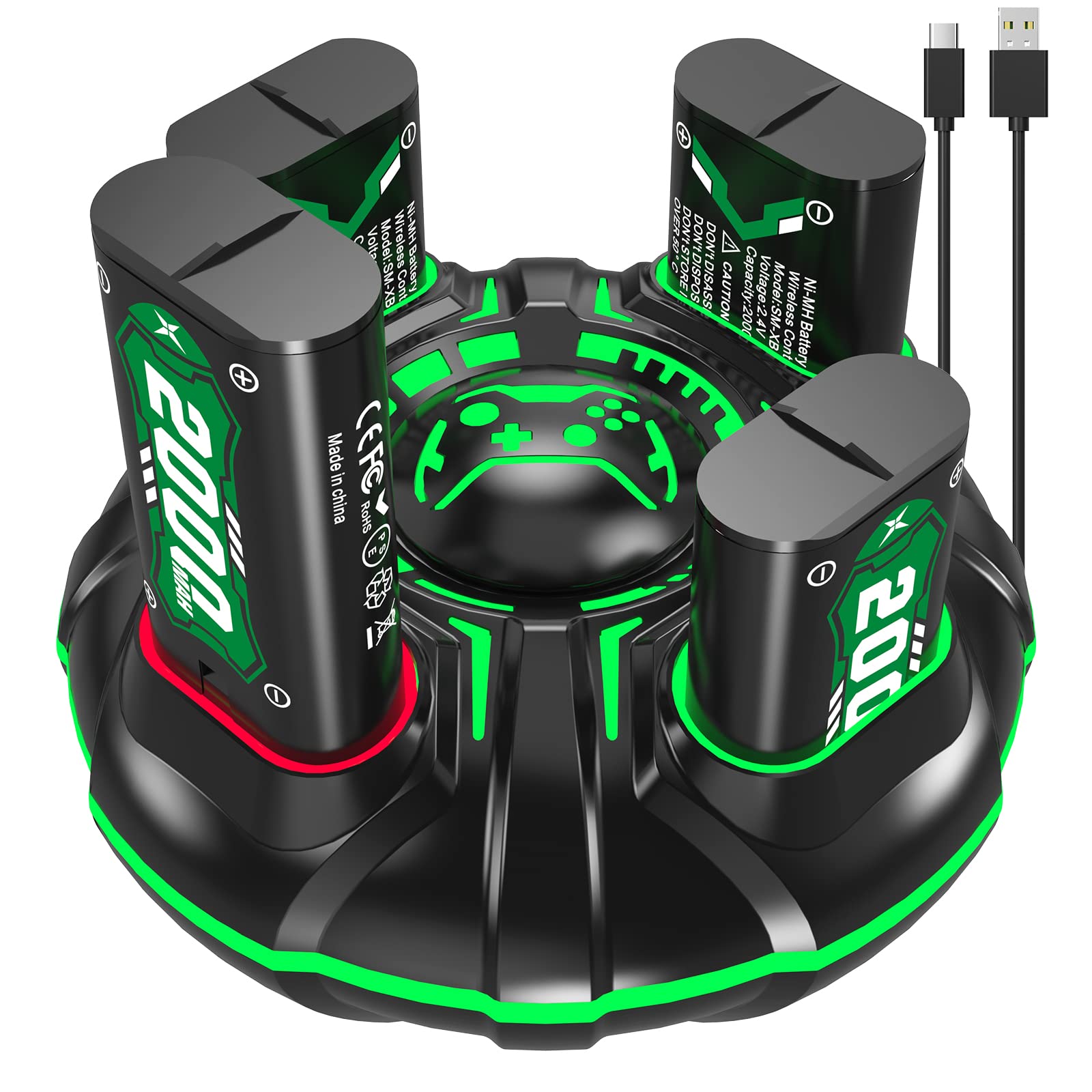 Lot de 4 batteries rechargeables 2000 mAh avec chargeur pour Xbox One S/Xbox One X/Xbox One Elite sans fil, protection intelligente durable