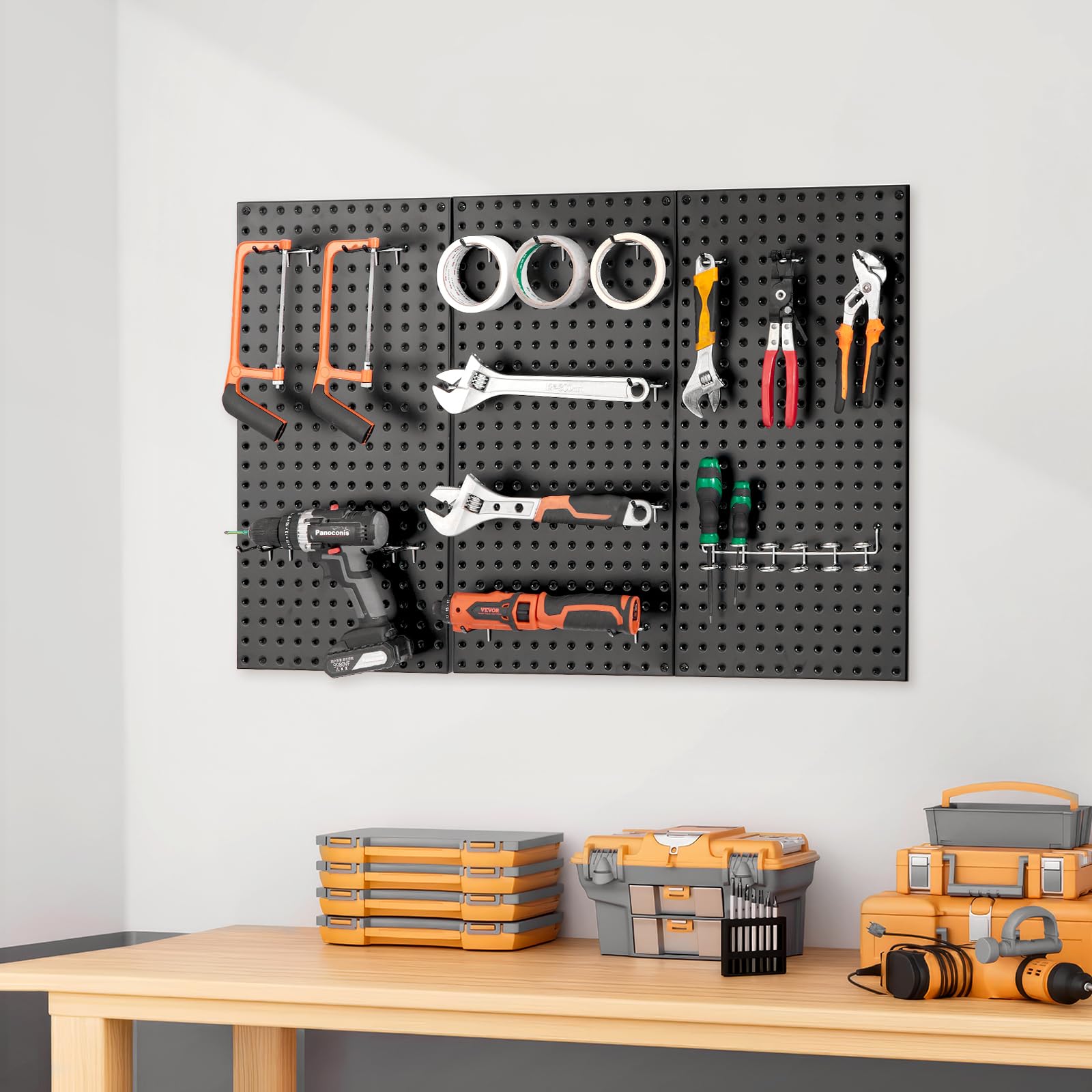 VEVOR Pannello Forato da Muro 609,6x304,8 mm Organizzatore per Garage in Metallo da Parete con 3 Pannelli Forati, Kit per Organizzazione Attrezzi per Ufficio, Studio Artigianale, Cucina, Casa, Nero