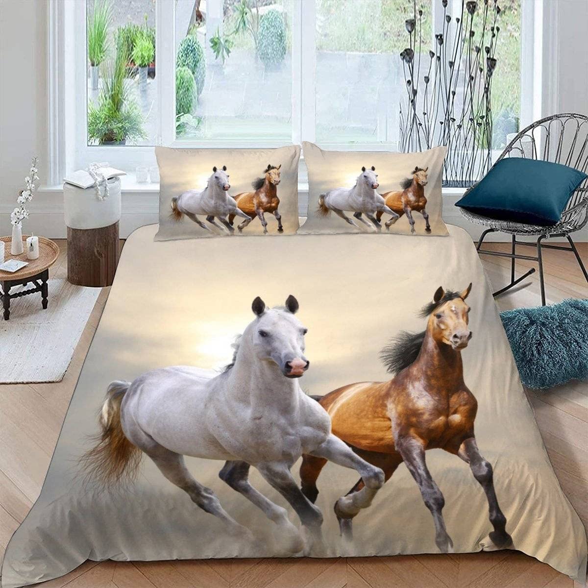 RFFLUX 3D Horse Single Duvet Cover Set 3 Pieces 135x200 Soft Microfiber Sunset Horse Quilt Cover with Zipper Closure Easy Care Bedding Set with 2 Pillowcase for Kids Boys Girls Teens — image 1