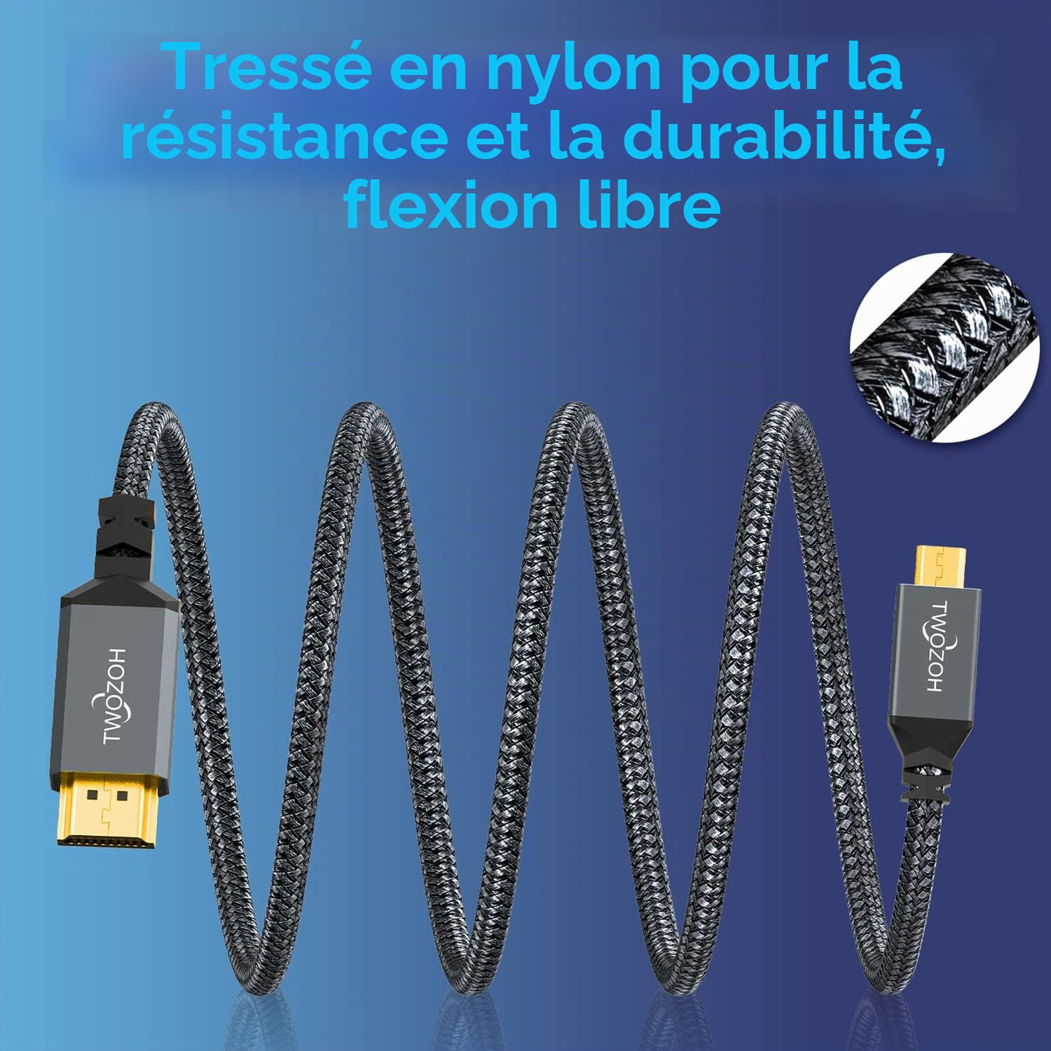 Twozoh Câble Micro HDMI vers HDMI 5M, Nylon tressé Câble HDMI A vers Micro HDMI D, Supporte 3D 4K/60Hz 2.0 1080p