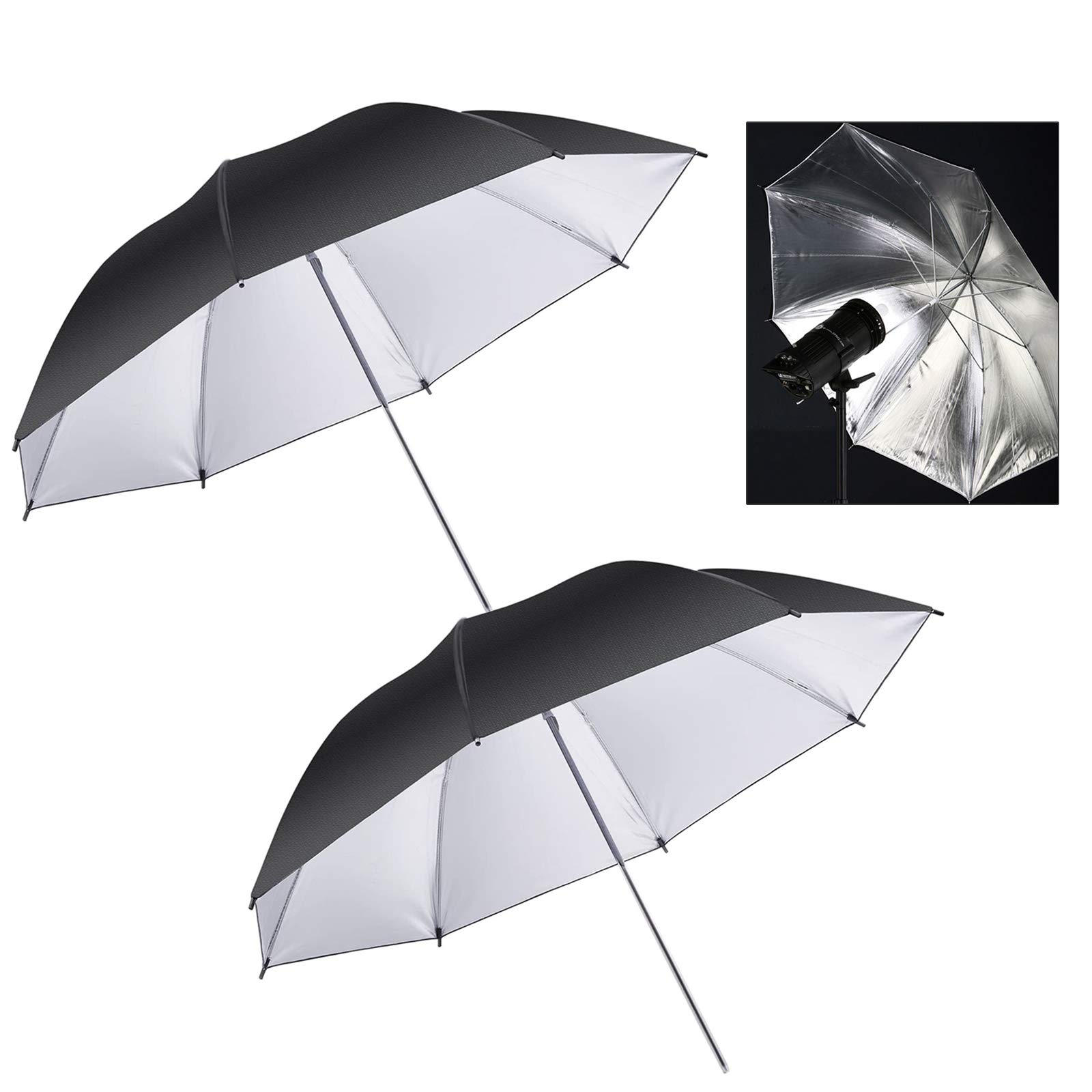 2x 33 pouces argent noir parapluie pour la photographie et la vidéo d'éclairage réfléchissant