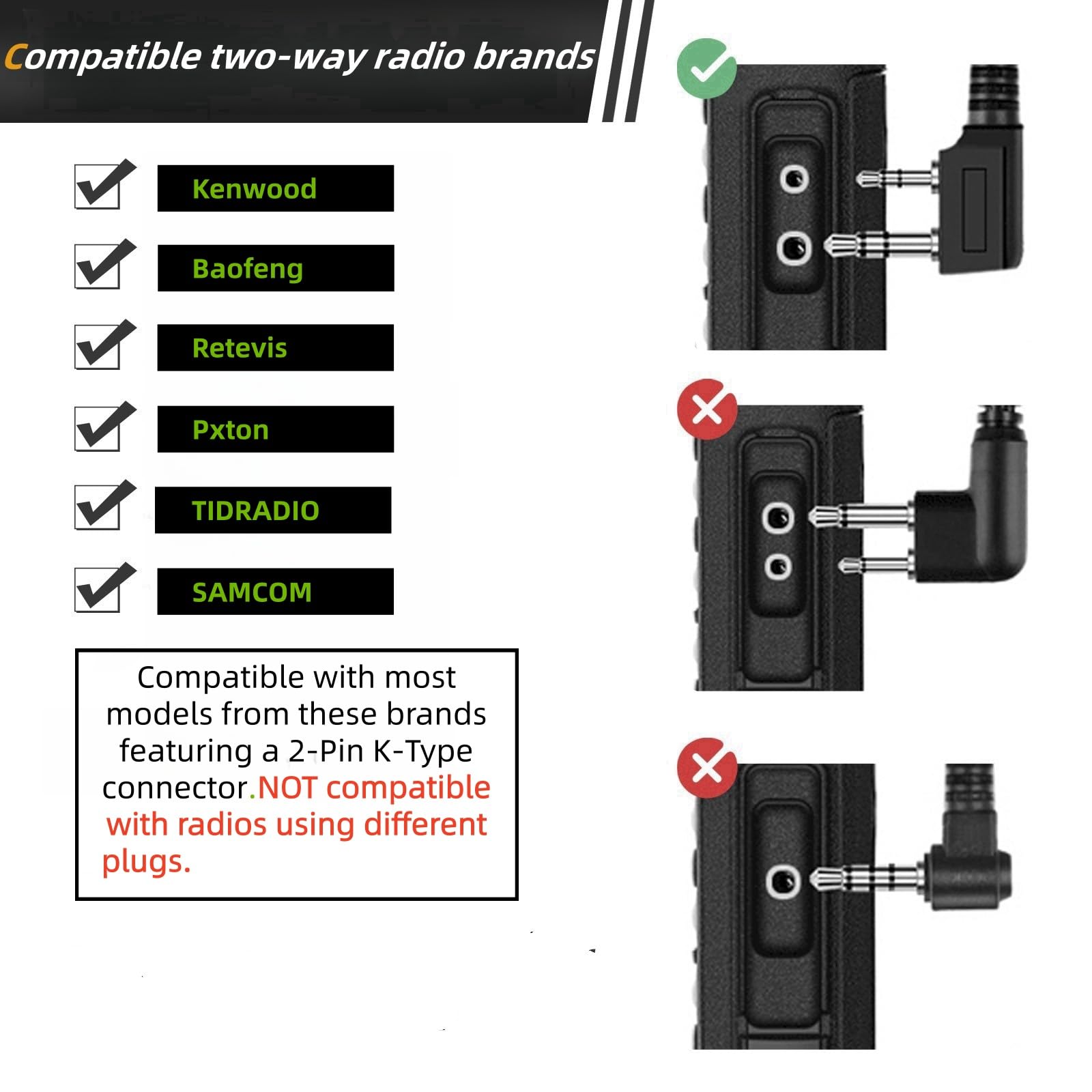 Confezione da 5 auricolari radio bidirezionali con microfono, cuffie per walkie talkie a tubo acustico, compatibili con Kenwood, Baofeng, BTECH, Retevis, Wouxun (tipo K a 2 pin)