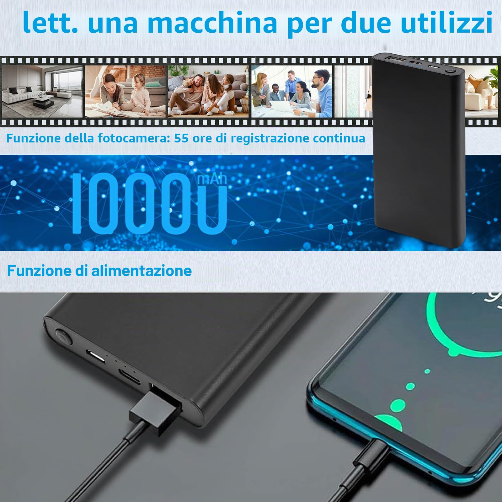 Telecamere mini portatili in HD,Telecamere spia,telecamere di sorveglianza nascoste,rilevamento di movimento,batteria integrata da 10.000 mAh,funzionamento continuo per 55 ore, non supportano il Wi-Fi