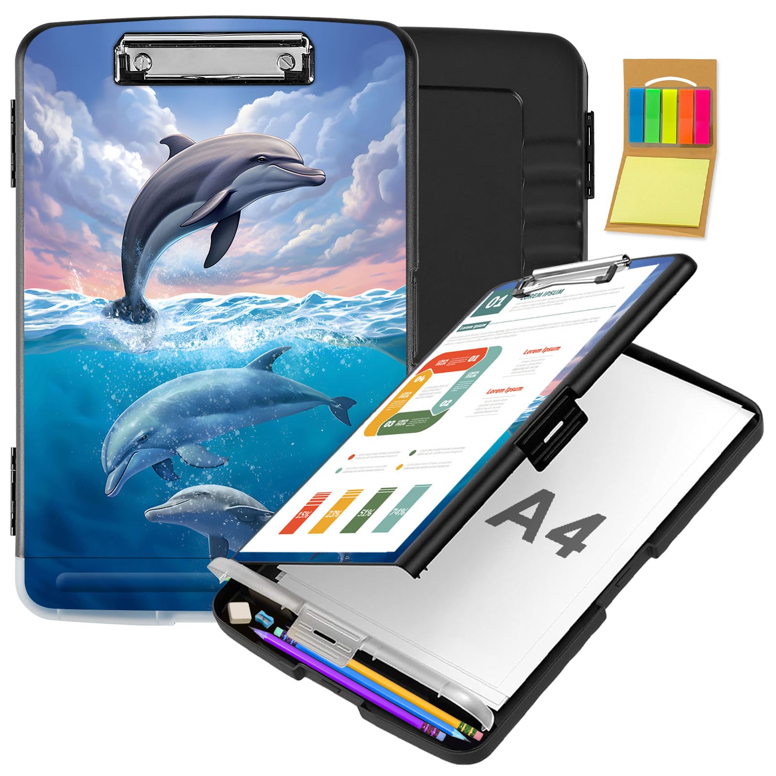 Clipboard with Storage,Office Supplies Nursing Clipboards Folder with Pen Holder Plastic Storage ClipBoard Foldable for Teacher Nurse,Cute Dolphin
