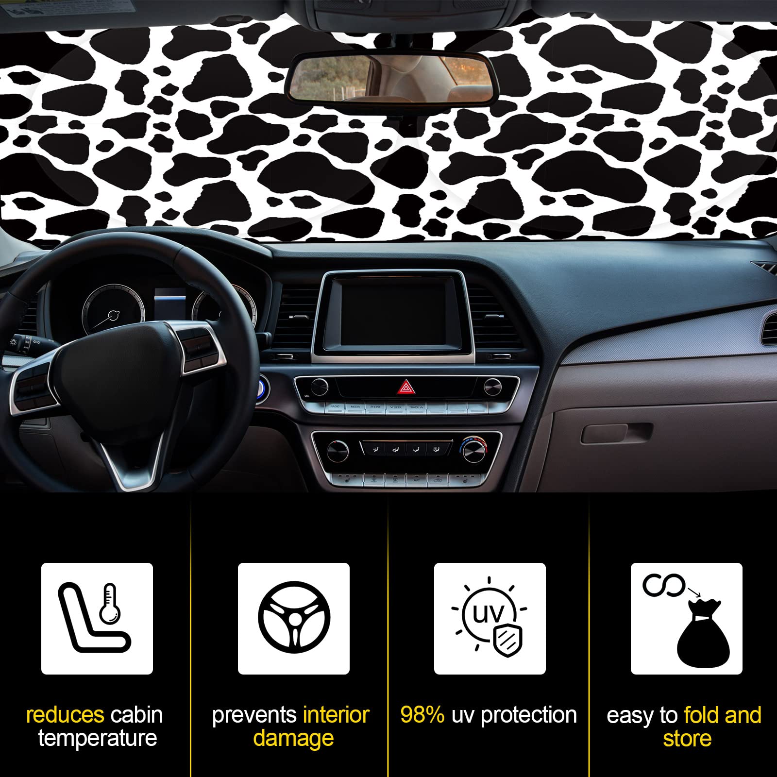 Parasol plegable para parabrisas delantero de coche, accesorios para coche, calor solar, rayos UV, protector de visera para coches, SUV, camiones (estampado de vaca)