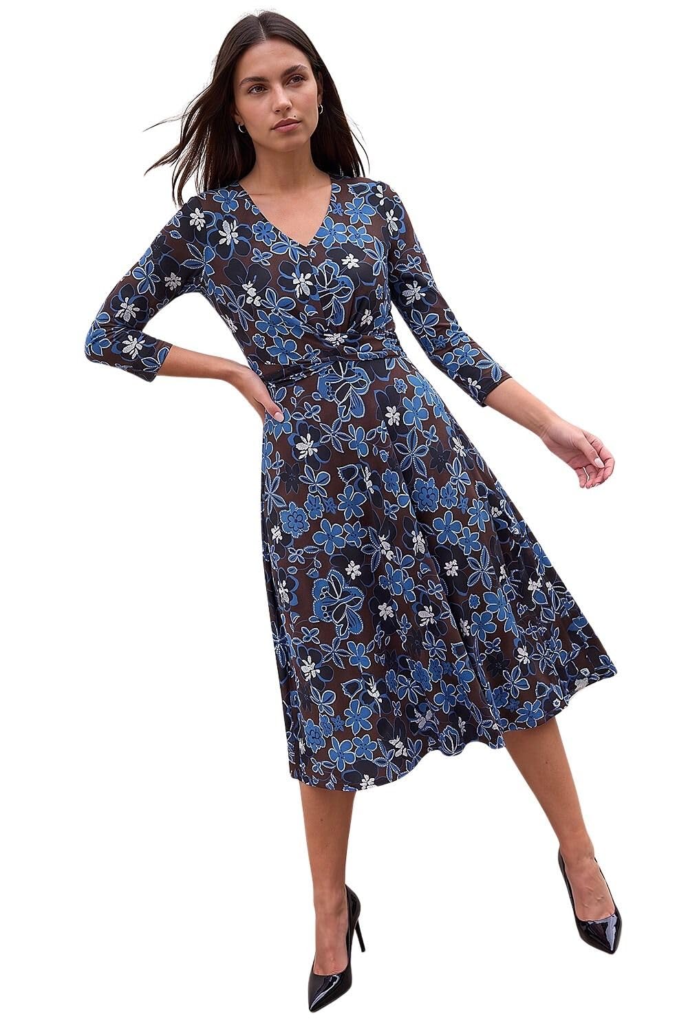 Roman Fit and Flare Dress for Women Ladies Chest Twist Knot Ruched Tea Skater Empire Waist Wedding Guest Smart Casual Swing Midi 3/4 Long Sleeve Knee Length