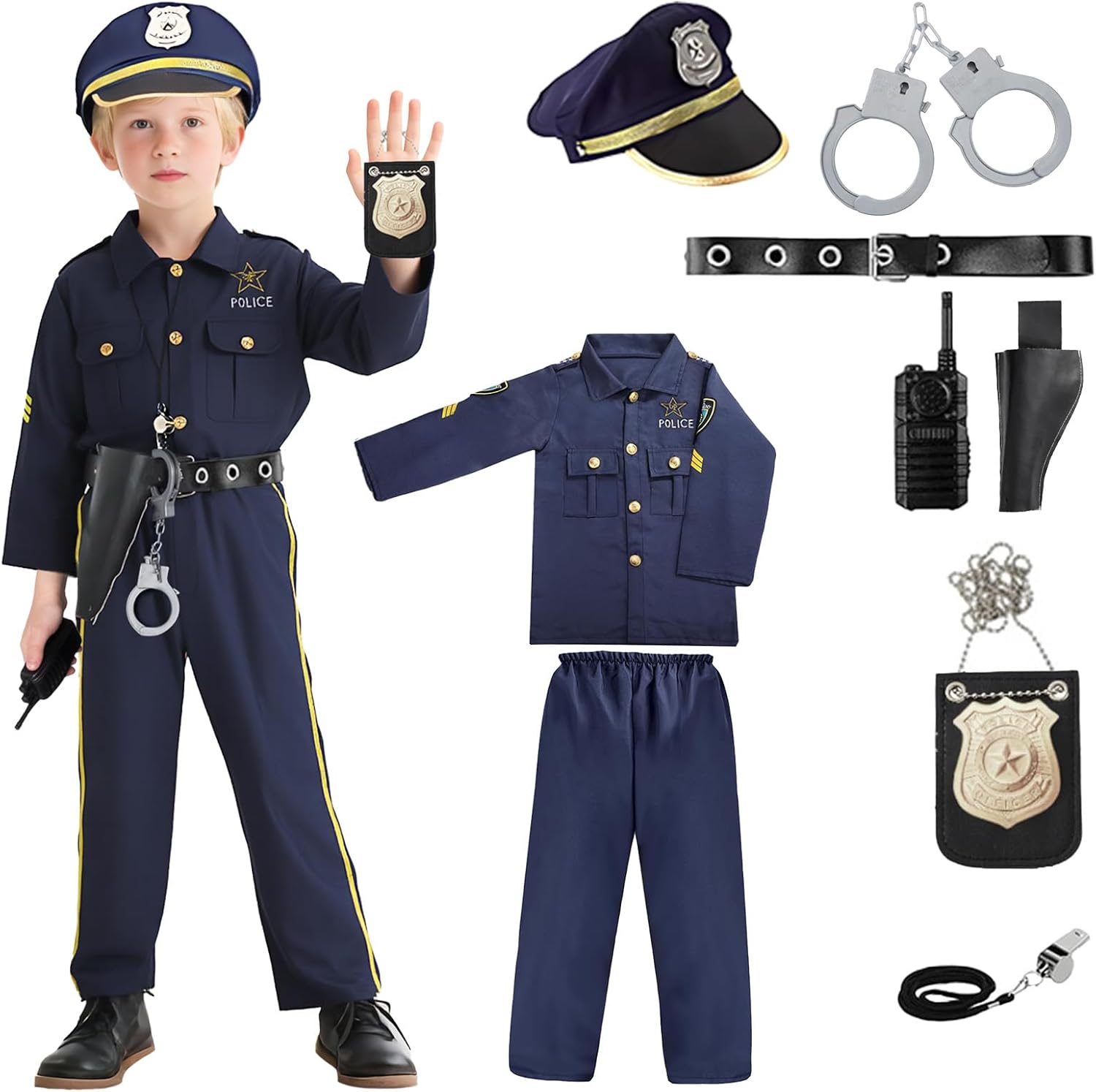 Pigmiss Police Officer Costume for Kids Deluxe Cop Uniform Set Boys Girls with Toy Accessories Play Kit for Halloween Cosplay