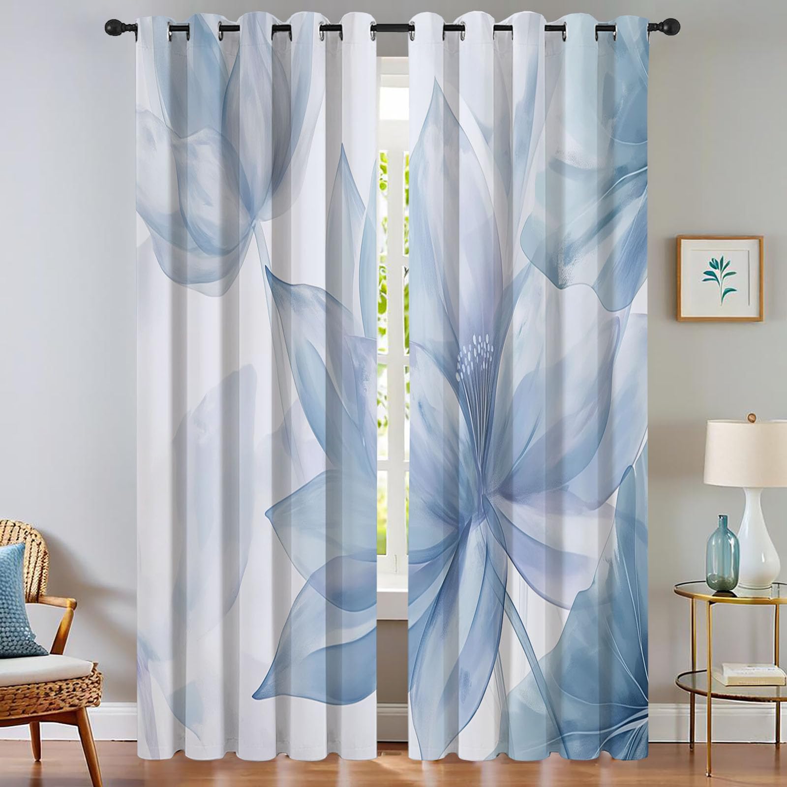 Rideau occultant salon motif aquarelle bleu pour créer une ambiance moderne et zen