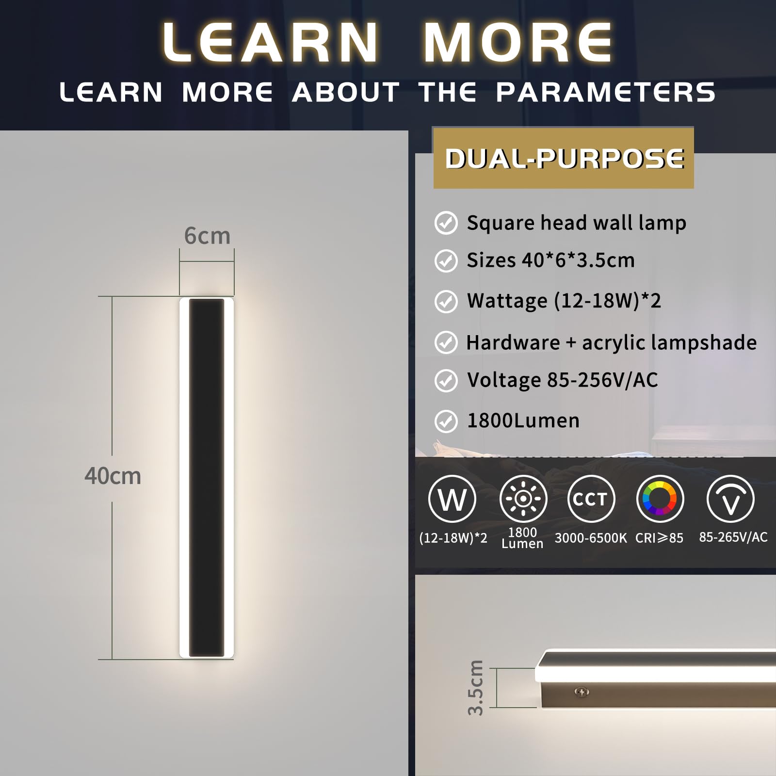 Mikeru 40CM Black Wall Lights, 2Packs Modern Acrylic Wall Light 3000K/4500K/6500K 3 Color Hard Wired Outside Light Wall Mounted Light for Lighting in Front of Mirrors, Garden Decoration - 3