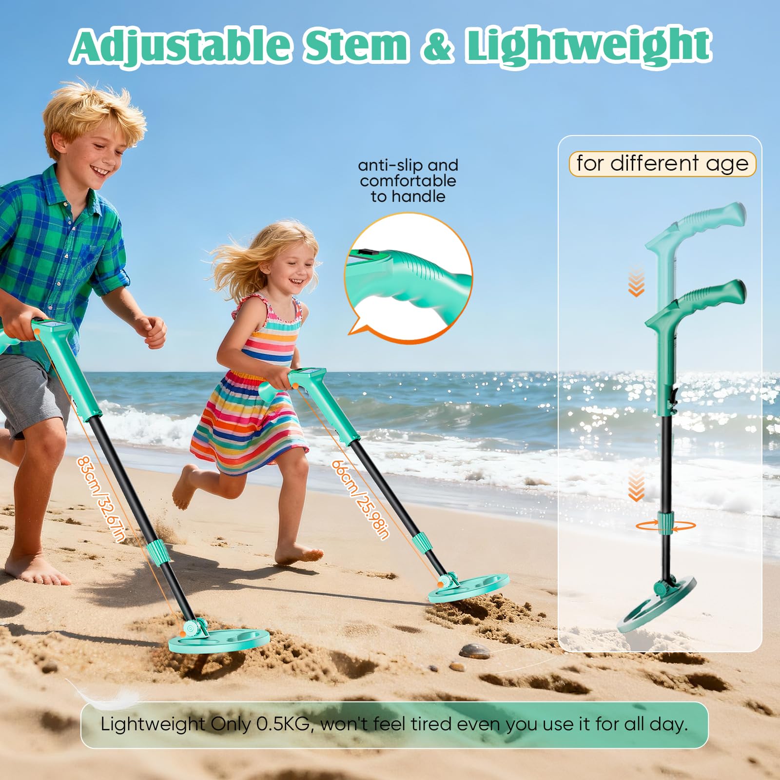 Metal Detector Bambini, Metal Detector per Bambino Leggero con Asta Regolabile 66-83 cm, Display LCD e Bobina di Ricerca Impermeabile, Pala, Rastrello, Setaccio e Borsa, Verde