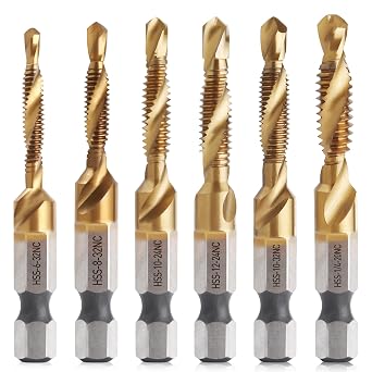6PCS Combination Drill and Tap Bit Set, 3-in-1 Titanium Coated HSS Screw Tapping Bit for Drilling, Tapping and Deburring, SAE Size 6-32NC to 1/4-20NC, 1/4" Hex Shank and Storage Case