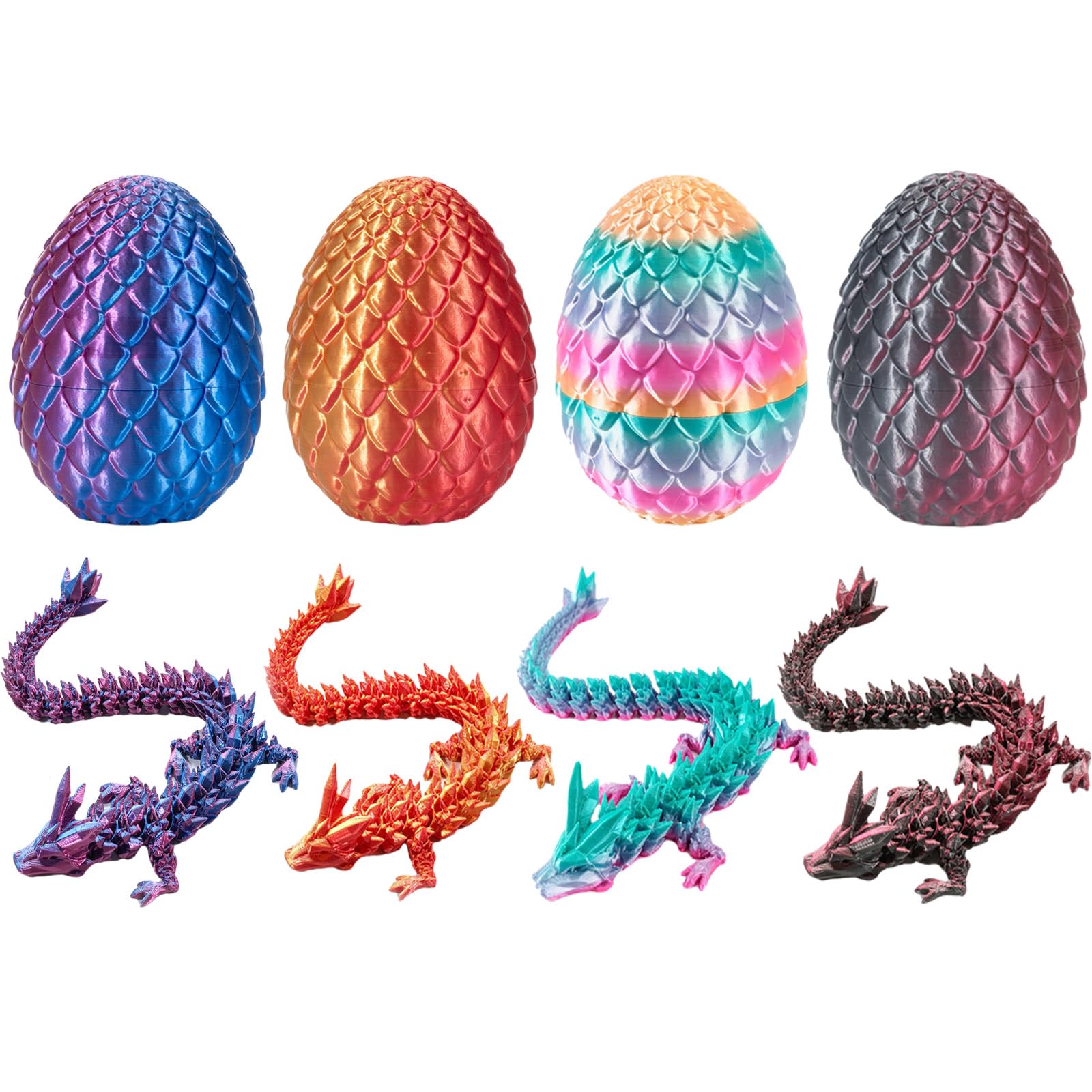 4 PCS 3D Printed Dragon, Dragon Egg Desktop Ornament Set,Collection with Red Blue, Red Gold, Black Red and Random Rainbow Colour, Decorative Display Piece for Home and Office Settings, Fantasy Collect