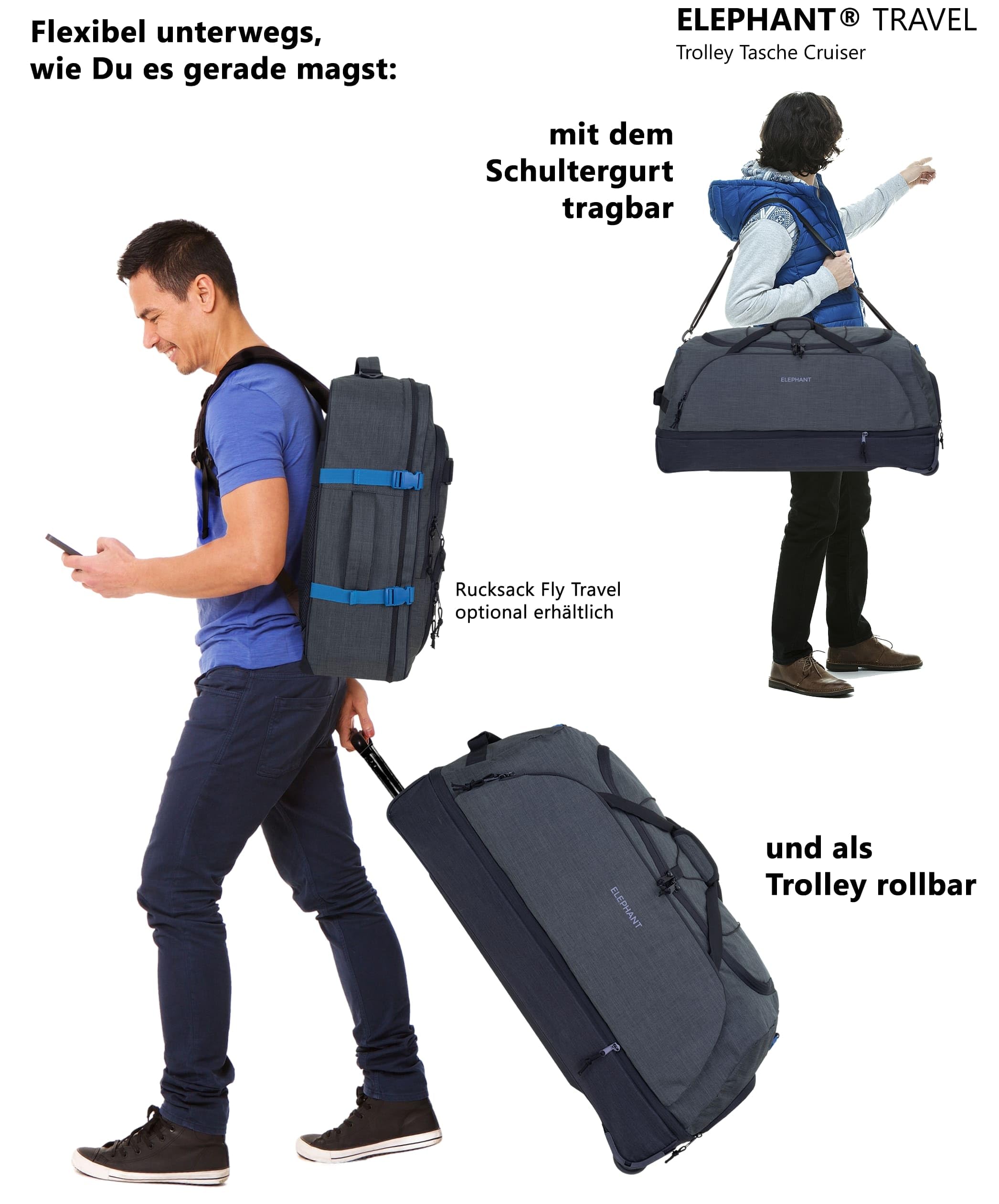 Elephant Reisetrolley Cruiser Travel Trolley 13031 Anthrazit Gun Oliv | Koffer Weichgepäck Reisetasche Reise Urlaub 100-135 Liter Dehnfalte Schuhfach Seitenfach Flach verstaubar