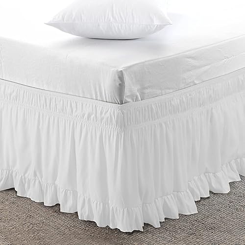 Lewondr Falda de cama blanca con volantes para cama de tamaño Queen y King, caída de 15 pulgadas, envoltura con cinturón elástico ajustable, fácil