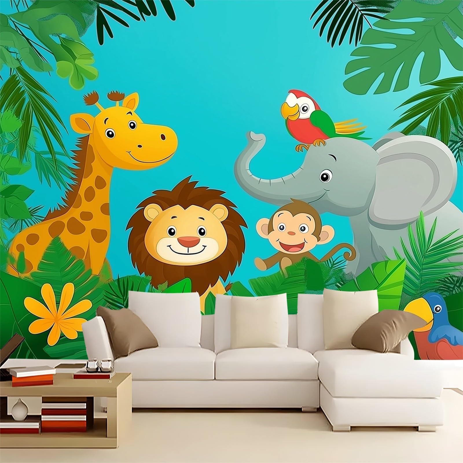 Tapeta 350 x 256 cm tapeta dla dorosłych dzieci dekoracja pokoju, kreskówki dżungla zwierzęta wzór tapeta niebieska zielona fototapeta do sypialni salonu dekoracja ścienna