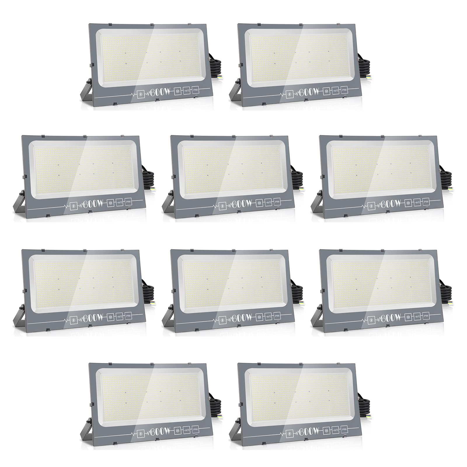 loyal Faretto da esterno a LED 600 W, super luminoso, 6000 K, luce bianca fredda, 60000 lm, IP66, impermeabile, regolabile, con stanghette per giardino, garage, campo sportivo