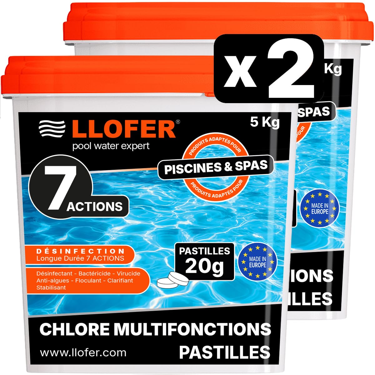Chlore Multifonction en Pastilles de 20g - Lot de 2 Seaux de 5kg (10kg) - Désinfection Longue Durée 7 Actions - Chlore 92% - Fabriqué en Europe