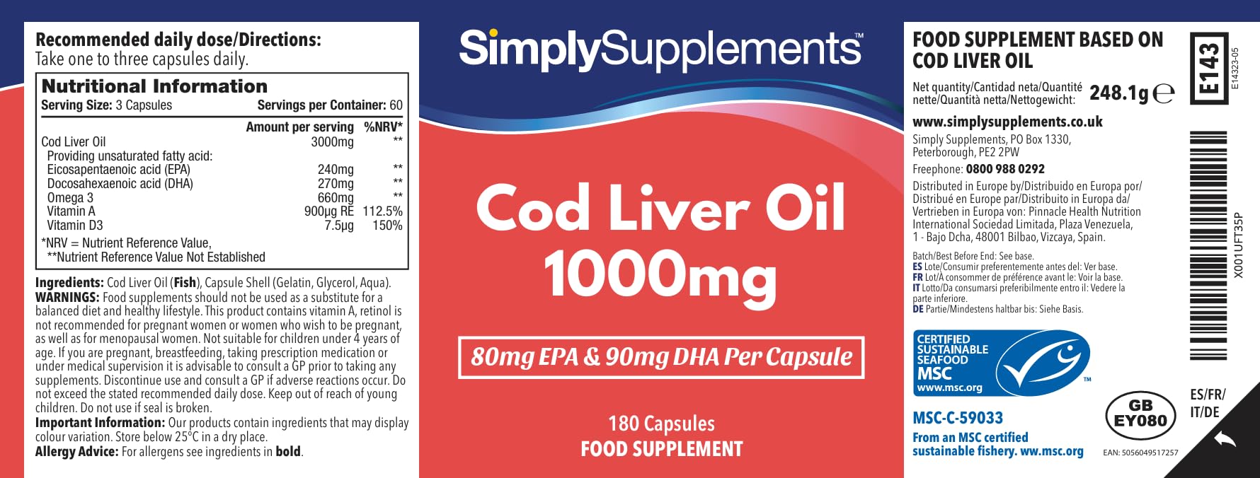 Olio Di Fegato Di Merluzzo 1000mg | Supporta La Salute Del Cervello, Della Vista E Delle Difese Immunitarie | Ricco Di Acidi Grassi Omega 3 | 240mg Di Epa E 270mg Di Dha | 360 Capsule
