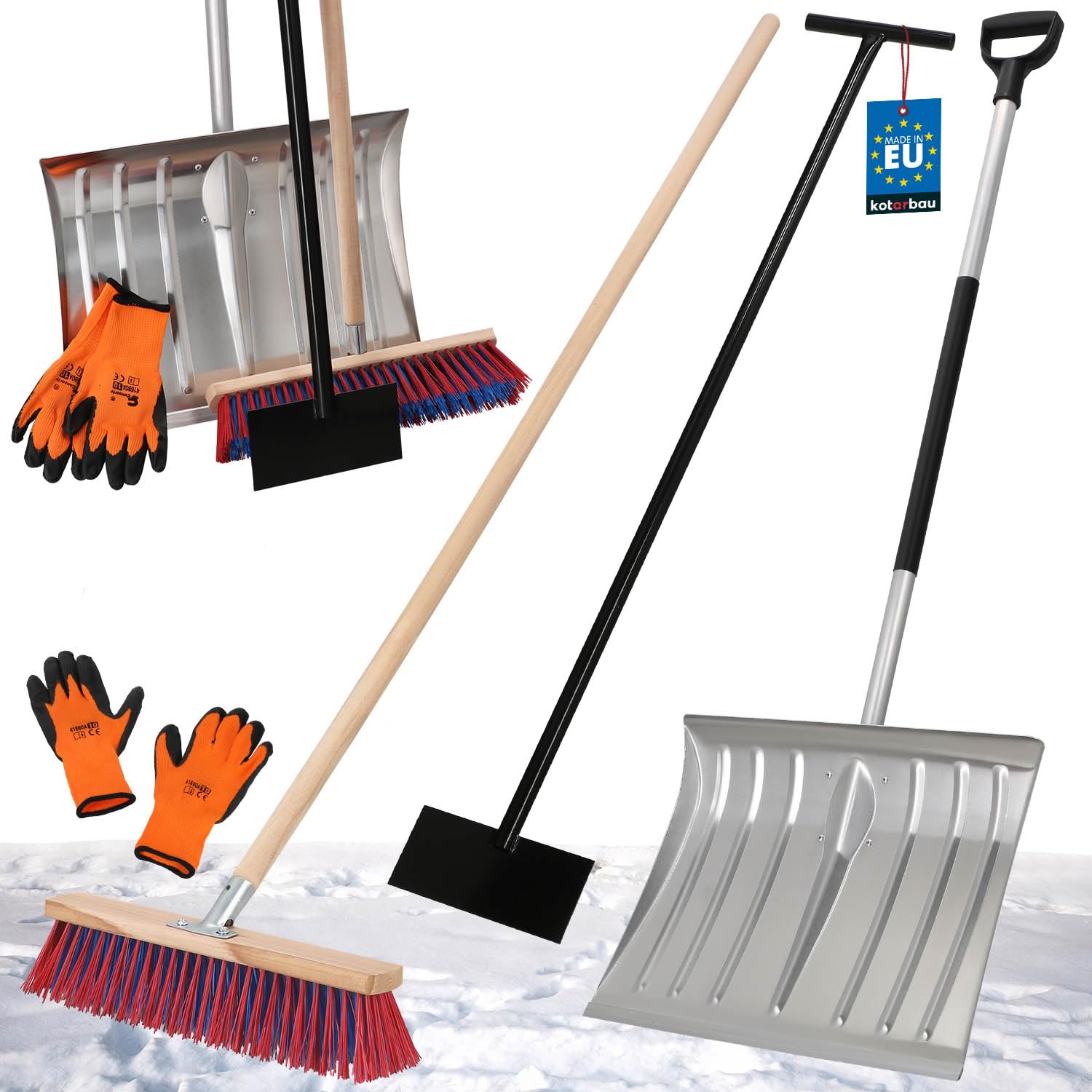 KOTARBAU® Set pala da neve con lama in alluminio 38 x 50 cm, scopa da strada con manico 150 cm, raschietto per ghiaccio 119 cm + guanti, pala da neve, manico per rimozione della neve