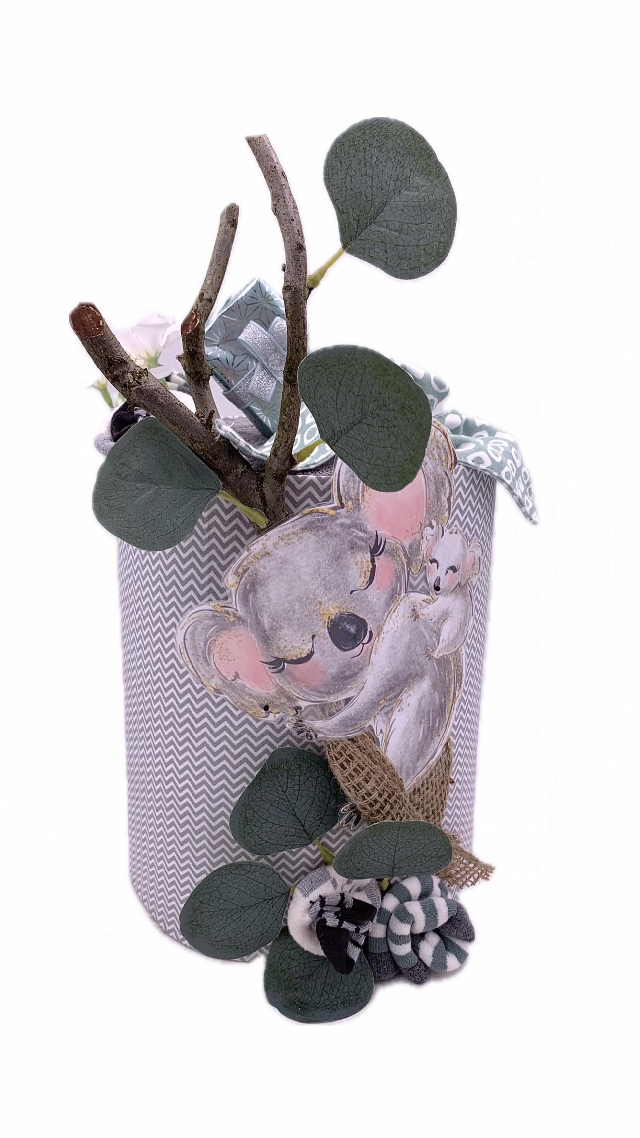 Windeltorte neutral grau grün mit Koala Motiv I Neugeborenen Geschenk zur Baby Shower Party und Taufe I verpackt in Tortenbox mit Geschenkkarte