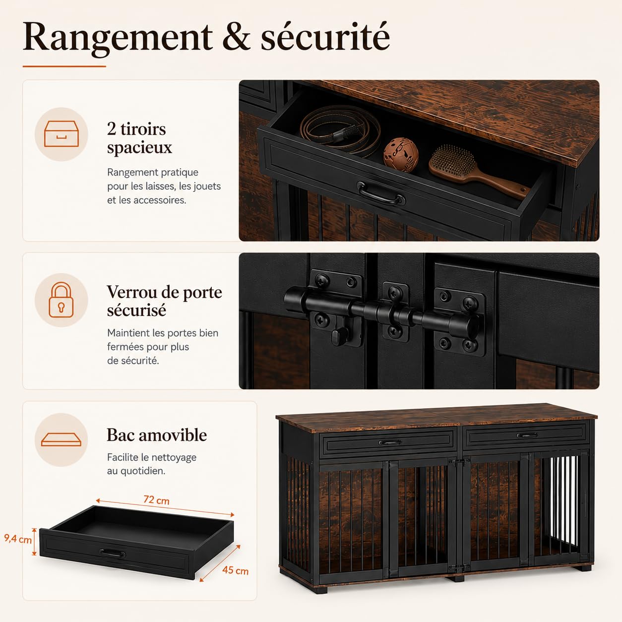 Hundekäfig Schrank XXL, Hundekäfig mit 2 Schubladen und 2 Türen, Hundebox für Zuhause Große/Mittlere Hunde,Beistelltisch, Hundehütte Indoor, Hundehaus für Zuhause, Schwarz, 164 x 60 x 80 cm, Eisen