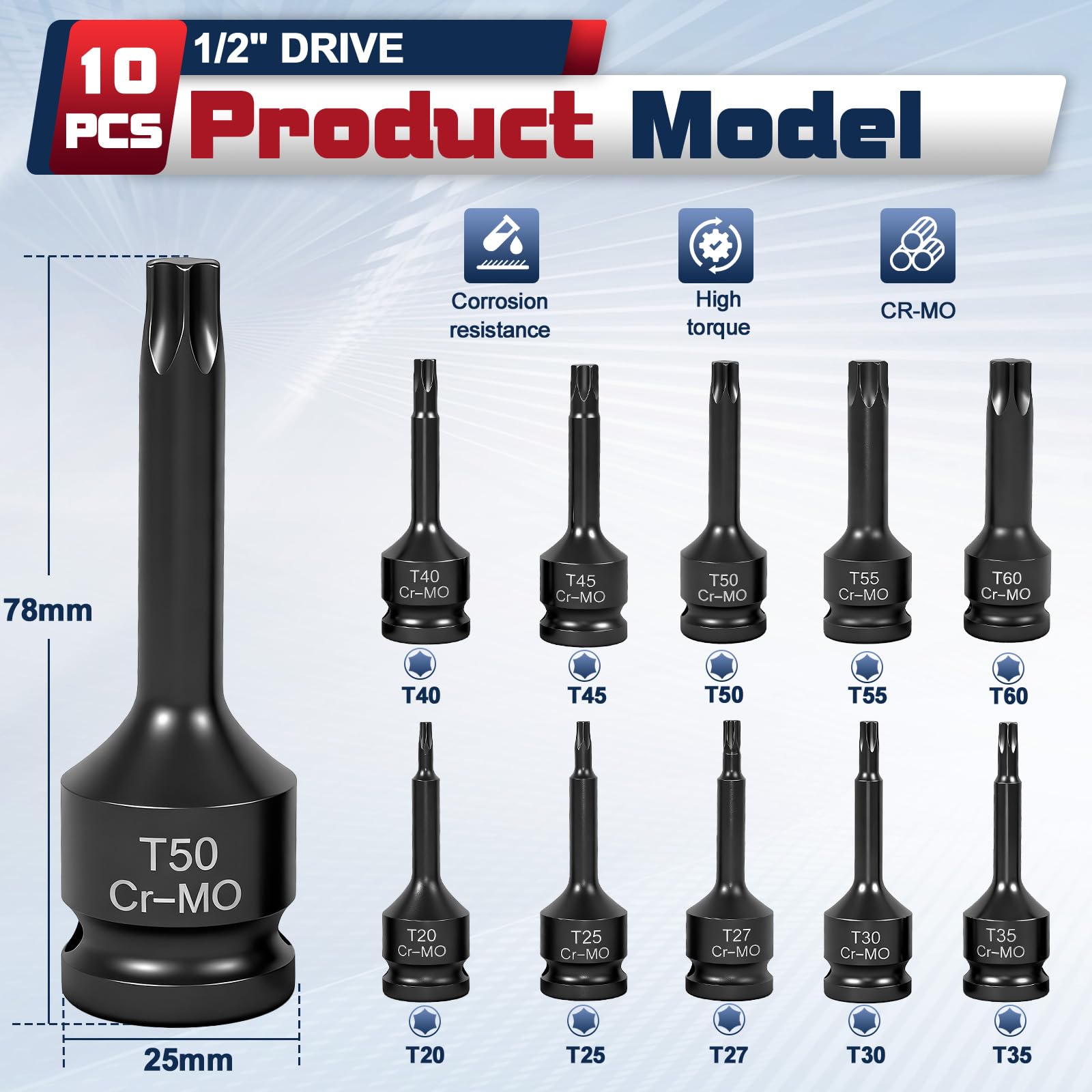 Juego de 10 llaves de vaso Torx de 1/2", 1/2" de fuerza Torx, juego de llaves de impacto T20, T25, T27, T30, T35, T40, T45, T50, T55, T60