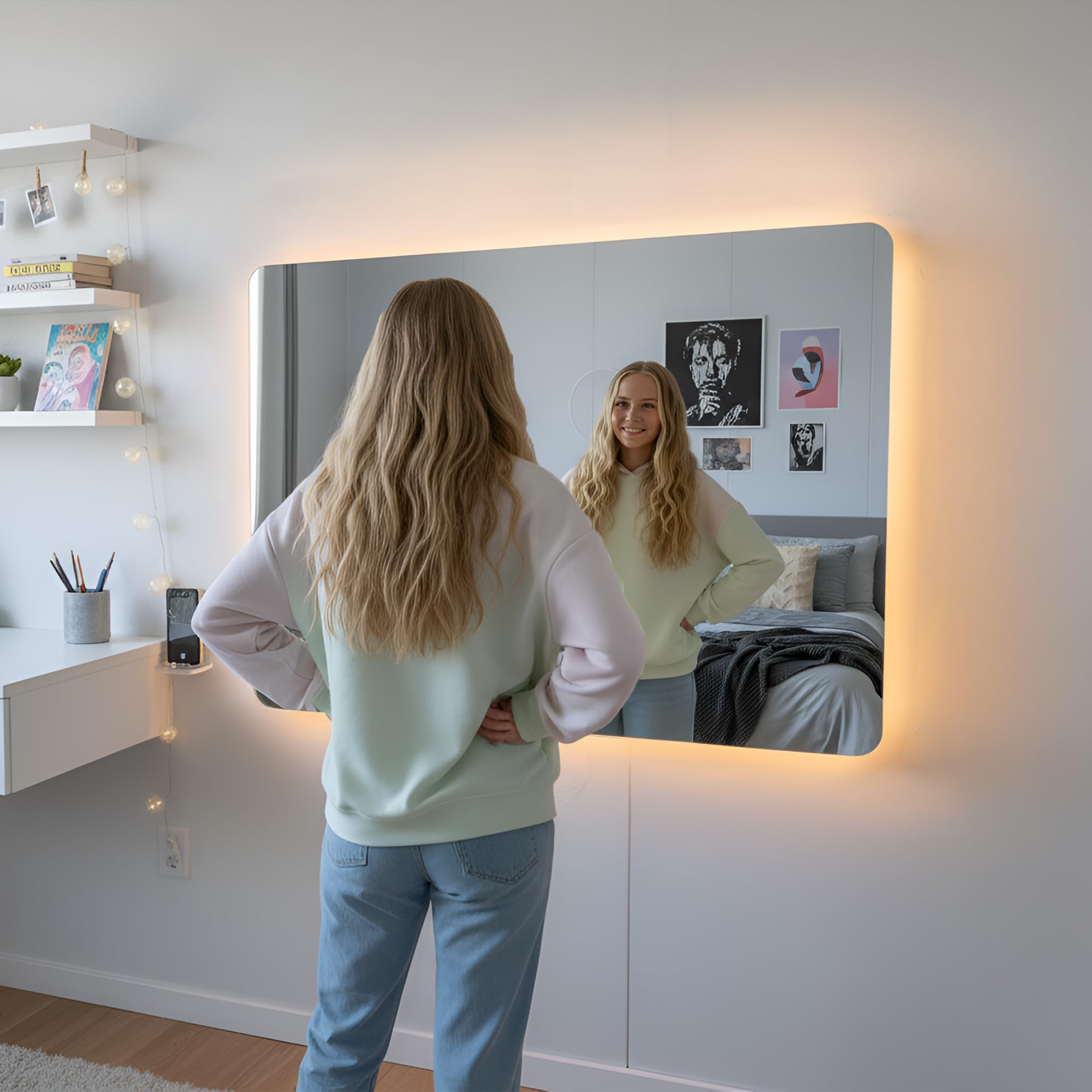 Espejo de Pared Decorativo con Luz LED Regulable 3000K/4000K/6000K【70x50 cm】 Diseño Rectangular, Función Antivaho con Interruptor Táctil e Instalación Fácil