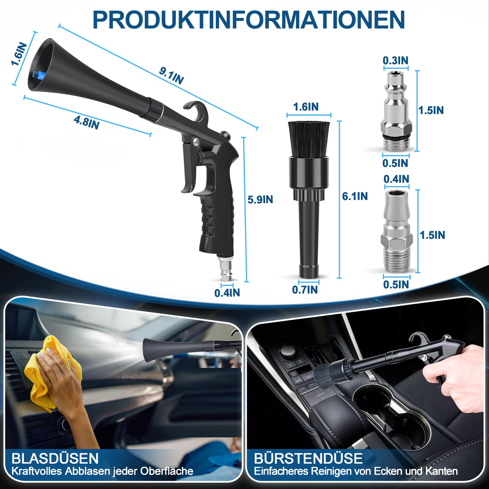 Autoreinigungspistole für die Innenraumreinigung, Trockner-Luftblaspistole, Hochdruck-Gebläsepistole, Autoreinigungswerkzeuge für Autos, entfernt schnell Schmutz und Staub, funktioniert mit Luft