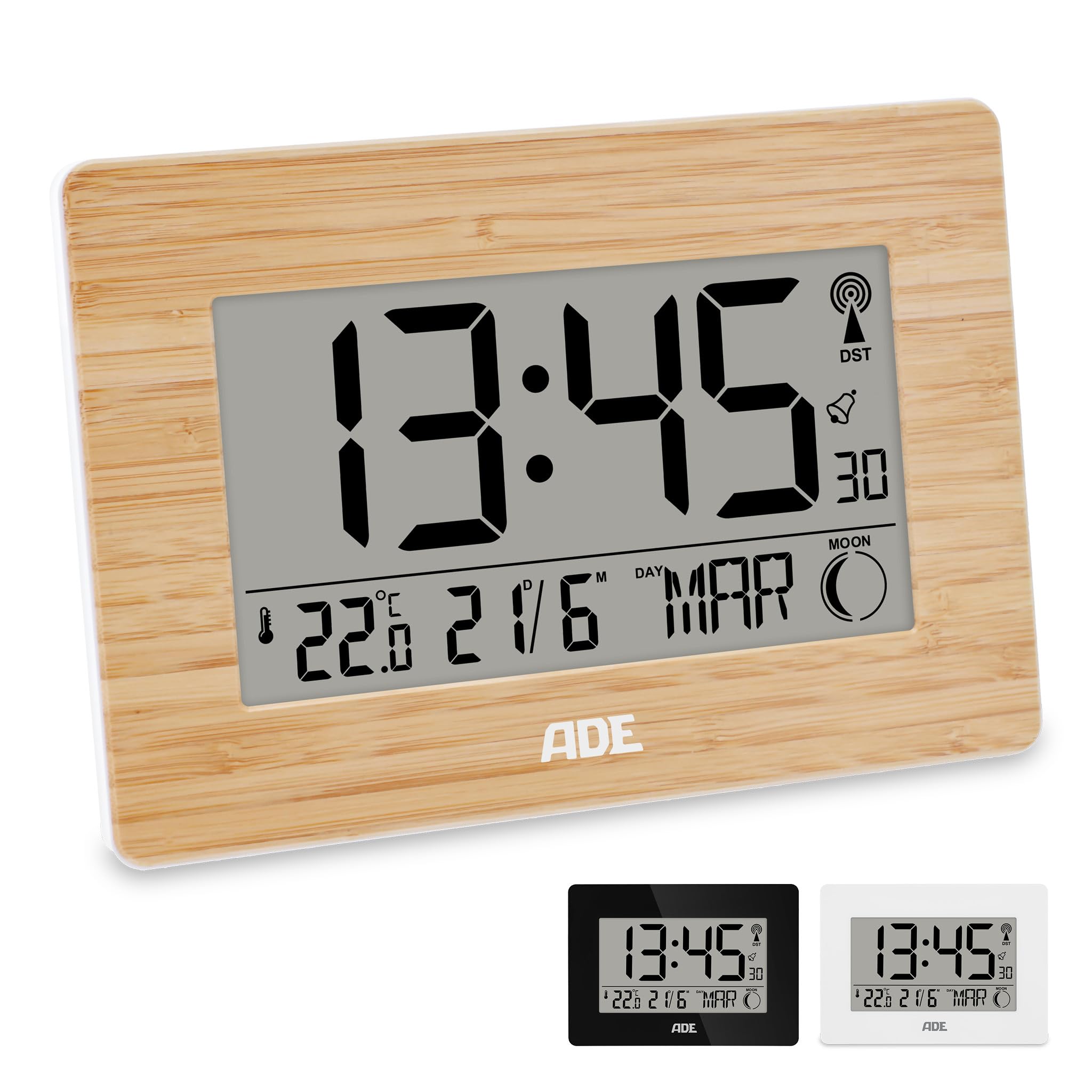 ADE Horloge Radio pilotée numérique | Chiffres XXL | Horloge Murale/de Table Digitale | Affichage de la température | Design Moderne | silencieuse | Calendrier numérique | à Piles | Cadre Bois Bambou