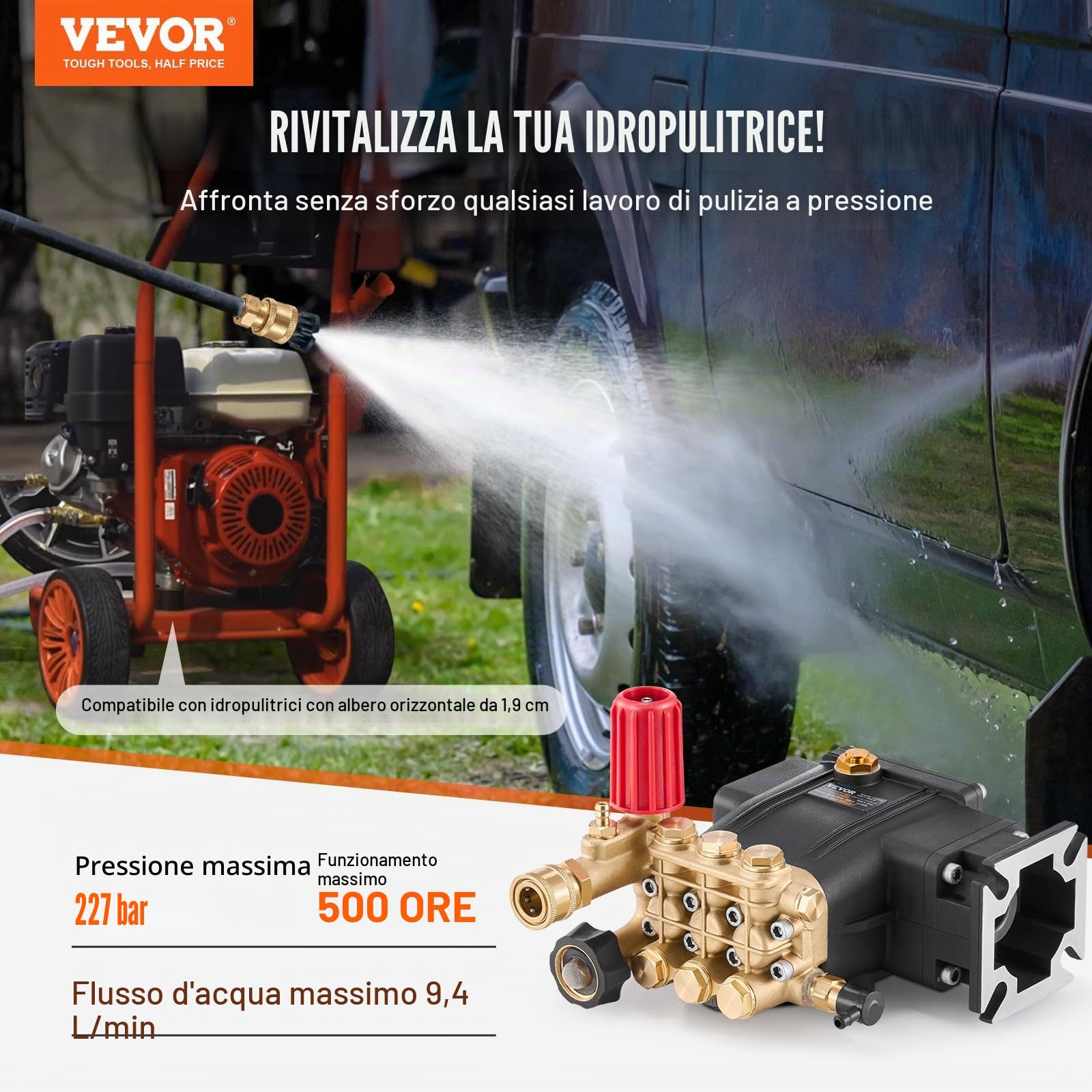 VEVOR Pompa per Idropulitrice, Albero 19,05 mm Pistone Orizzontale Triplex, Kit di Pompe di Ricambio per Idropulitrice 11,36 L/min con 5 Ugelli, Per Simpson MorFlex 40224, 40225, 40226, Santoprene
