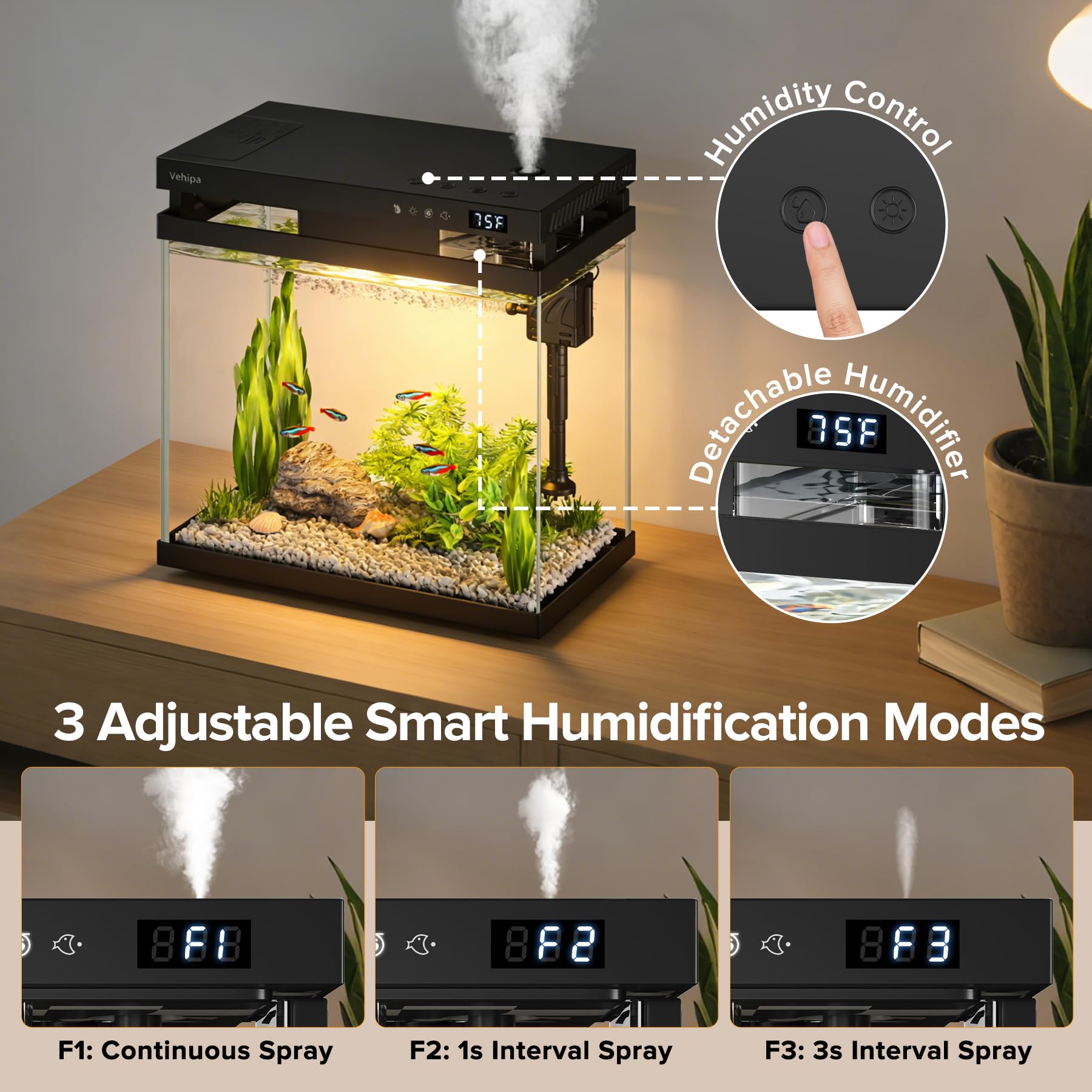Vehipa Fish Tank, kit per acquario intelligente da 8L nero | alimentatore automatico, pompa dell'acqua, display della temperatura, umidificatore e illuminazione a 7 colori