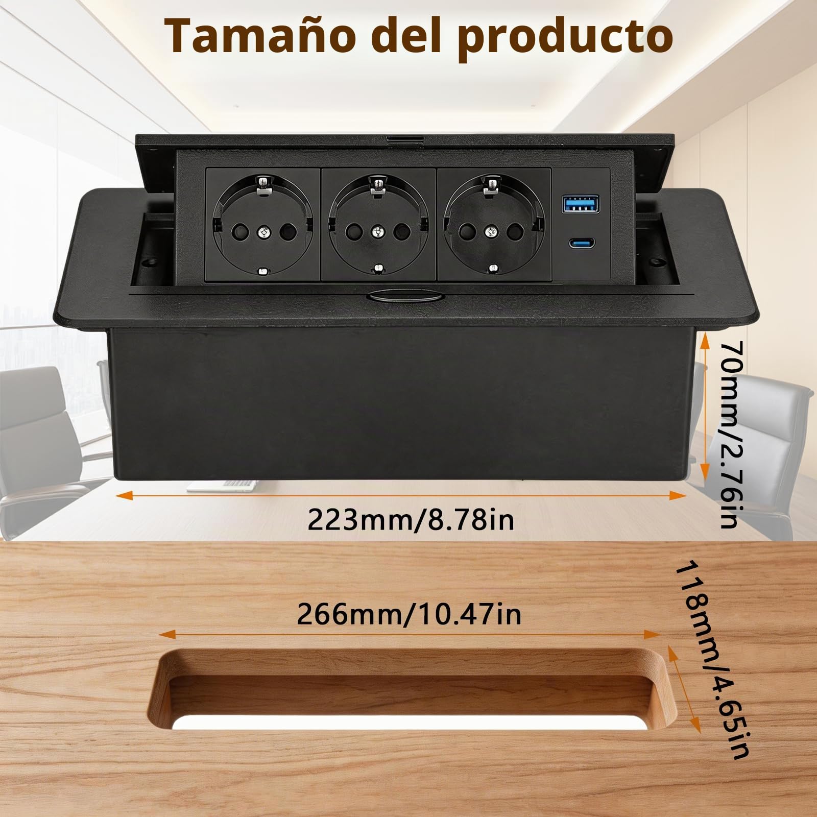 BRGD Enchufe Empotrable de Aluminio, Negro Regleta Retractil 3 Enchufes con Cable de 1,8m y USB para Mesa, Cocina, Banco de Trabajo y Lateral de Armario, 250 V/16 A