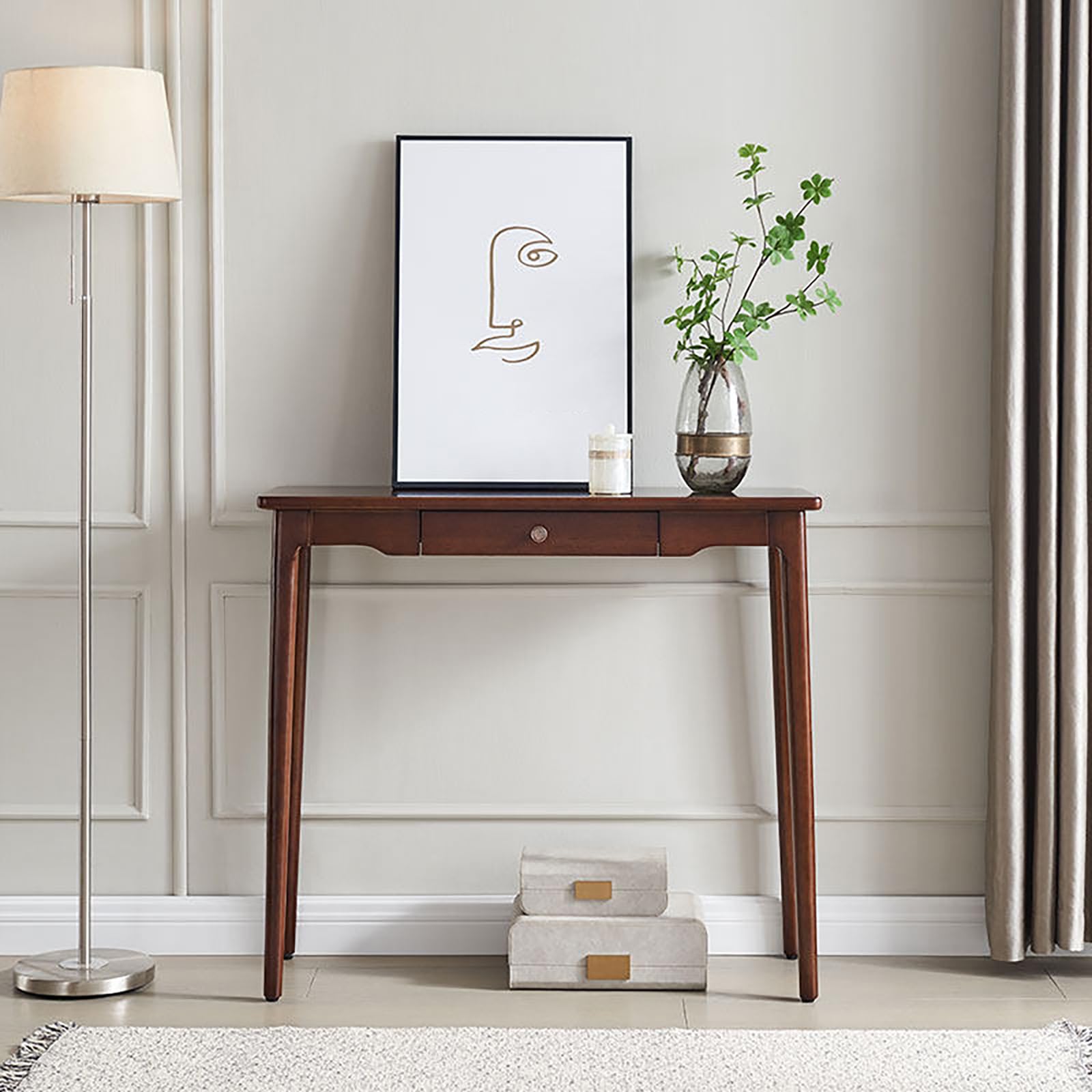 Stół konsolowy z litego drewna, wąska sofa z szufladami, design retro, przedpokój, meble do salonu, oszczędność miejsca