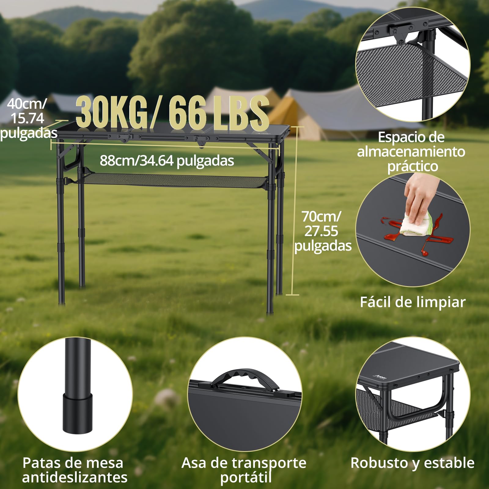 Anbte Mesa Plegable Camping 90 x 40 x 26-48-70cm con Ajustable Altura Aluminio Impermeable Mesa Playa Portátil, Soporta 30 kg,con Bolsa de Almacenamiento para Barbacoa, Playa, Jardín, Picnic Negro