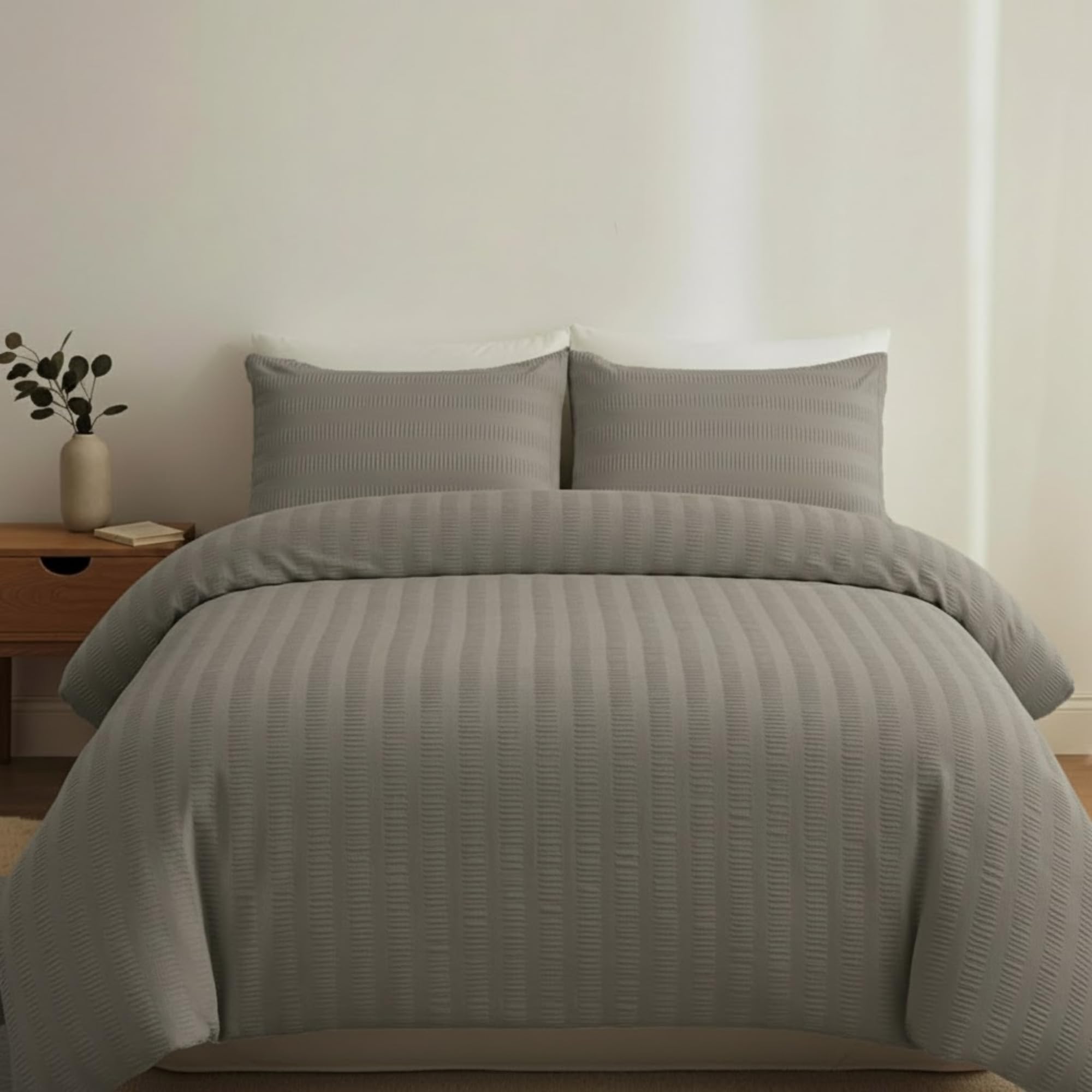 AHS - Double Gray Seersucker Duvet Set Cover With Pillow Case - Multiple Sizes - Complete Bedding Set - Ultra Soft Brushed Microfiber - EasyCare & Machine Washable