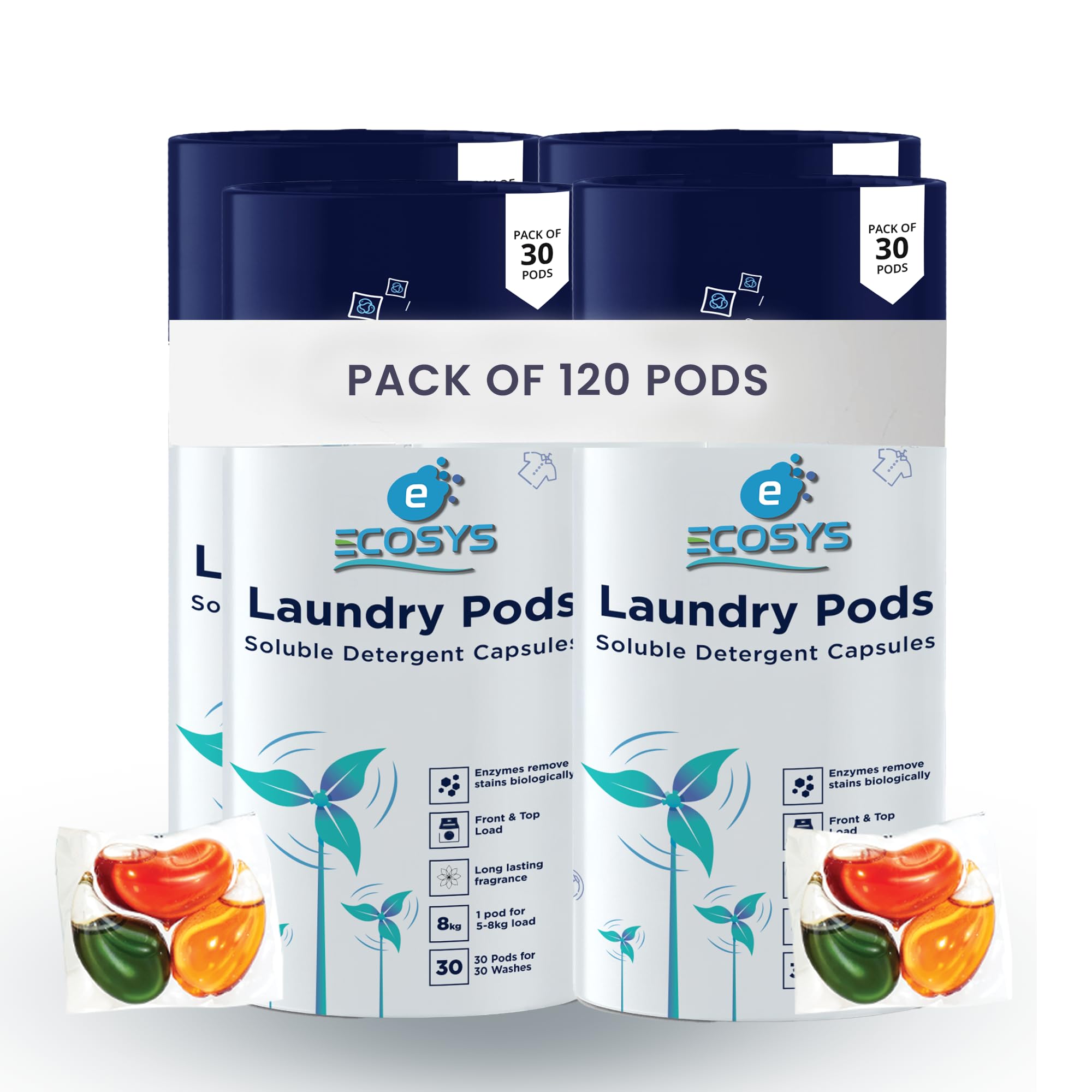 Ecosys 3-in-1 Dissolvable Magic Laundry Pods for 120 washes: Bio Enzymes Infused, Tough Stain Removal with Floral Aroma,1 Pod = 1 Wash for 5-7kg (Pack of 120)