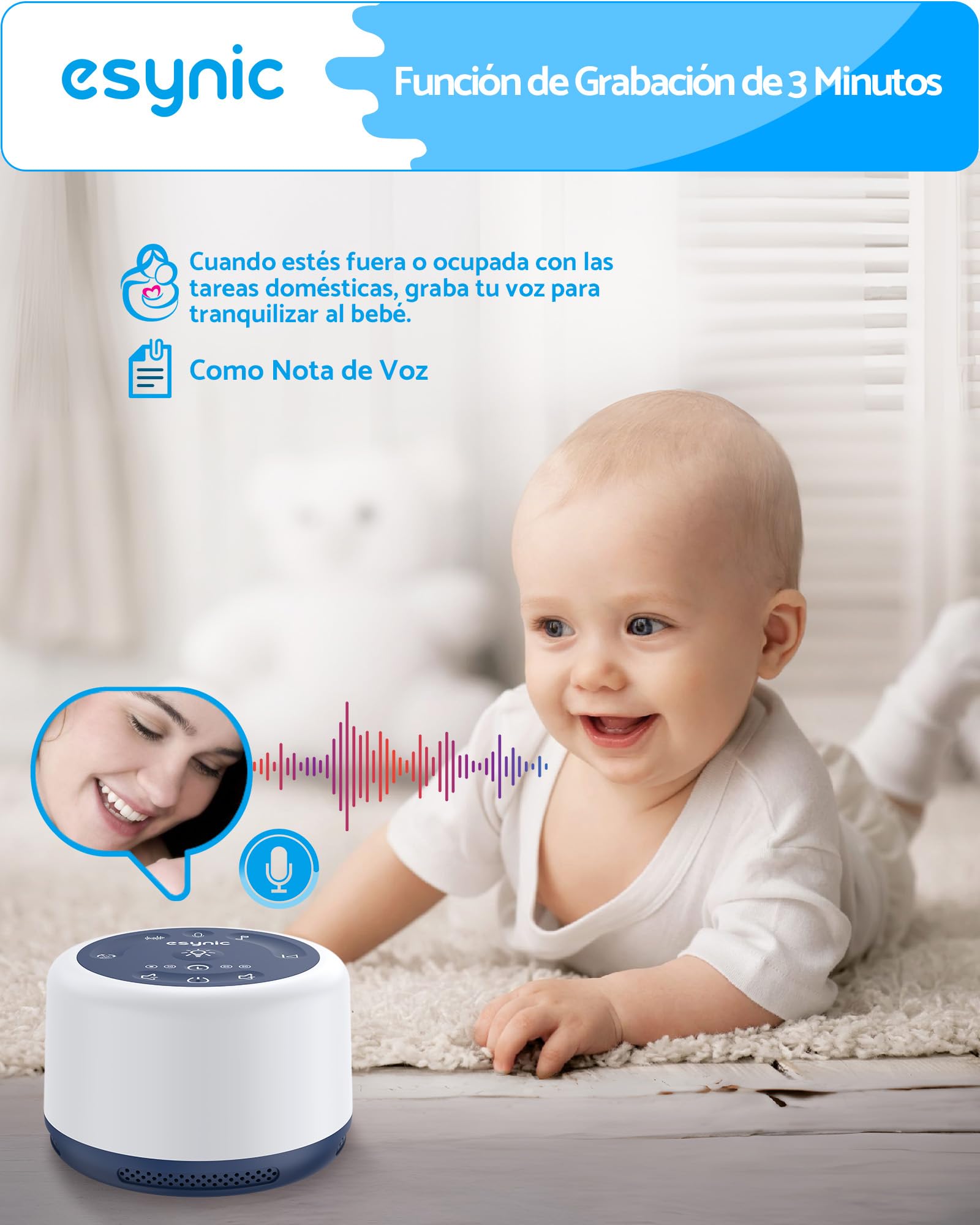 Máquina de Ruido Blanco eSynic Máquina de Sonido Portátil para Dormir para Bebé con 30 Tipos de Sonidos Relajantes, Luz Nocturna Ajustable,Temporizador, Batería incorporada de Gran Capacidad — view 4