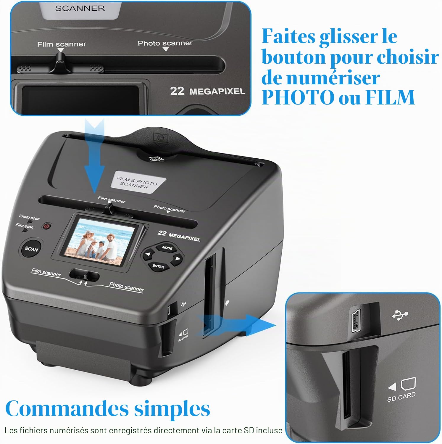 Scanner de film photo LCD 22MP 2,4", Scanner de diapositives et de négatifs - Convertisseur numérique - Transforme les négatifs 35mm/135mm, diapositives et cartes de visite en JPEG numériques