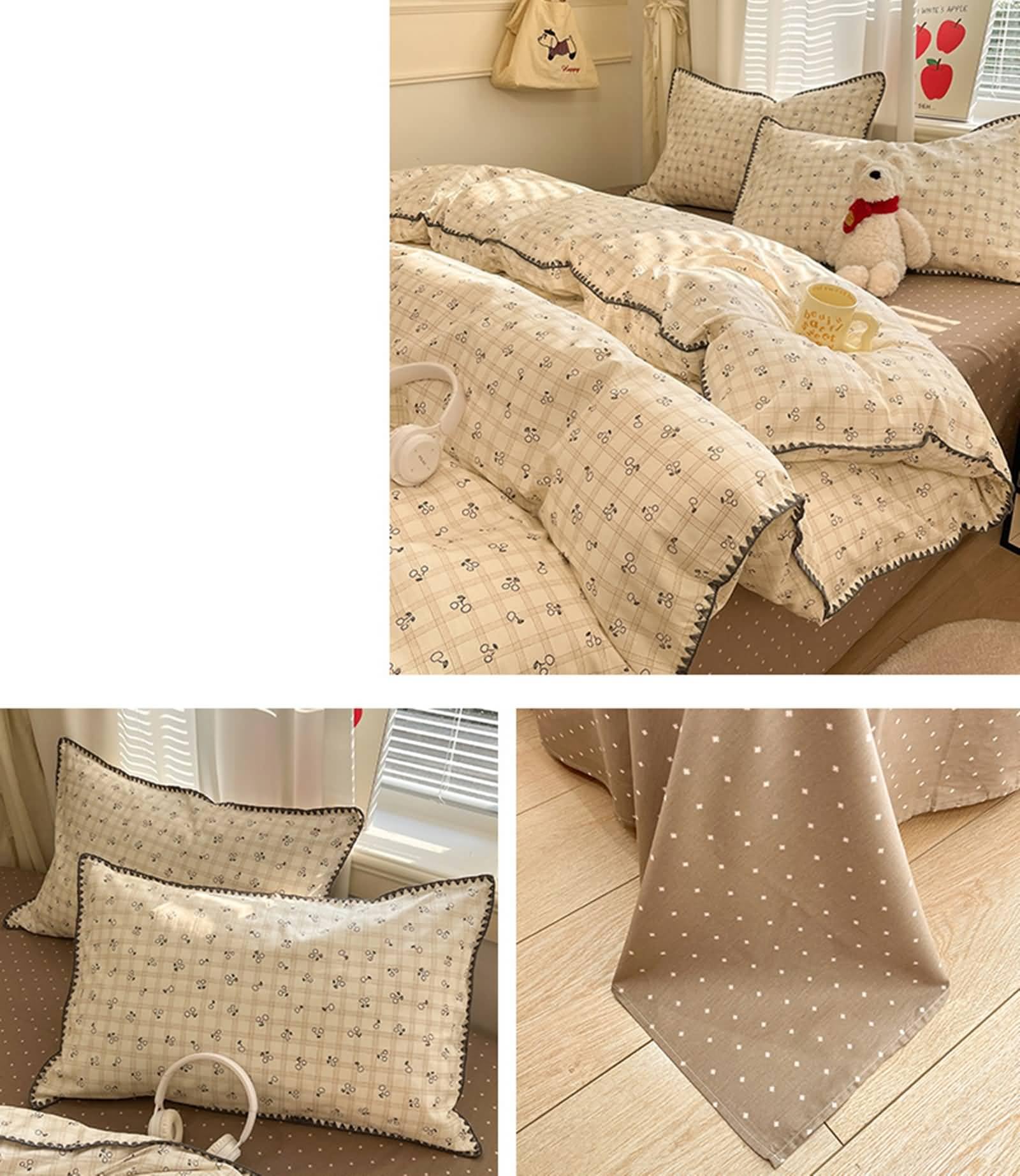 Gualiy Komplet pościeli 4-częściowy, bawełniana krata i wiśnia Super King poszewka na kołdrę 200 x 230 cm z 1 płaskim prześcieradłem i 2 poszewkami na poduszki, ciemnoszary