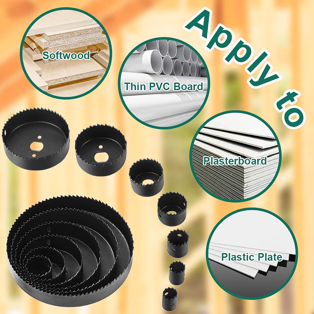 HYCHIKA Seghe per Trapano 19 Pezzi, Ø19mm-152mm, Profondità di Taglio Massima: 25mm, Per Forare Legno, PVC e Plastica