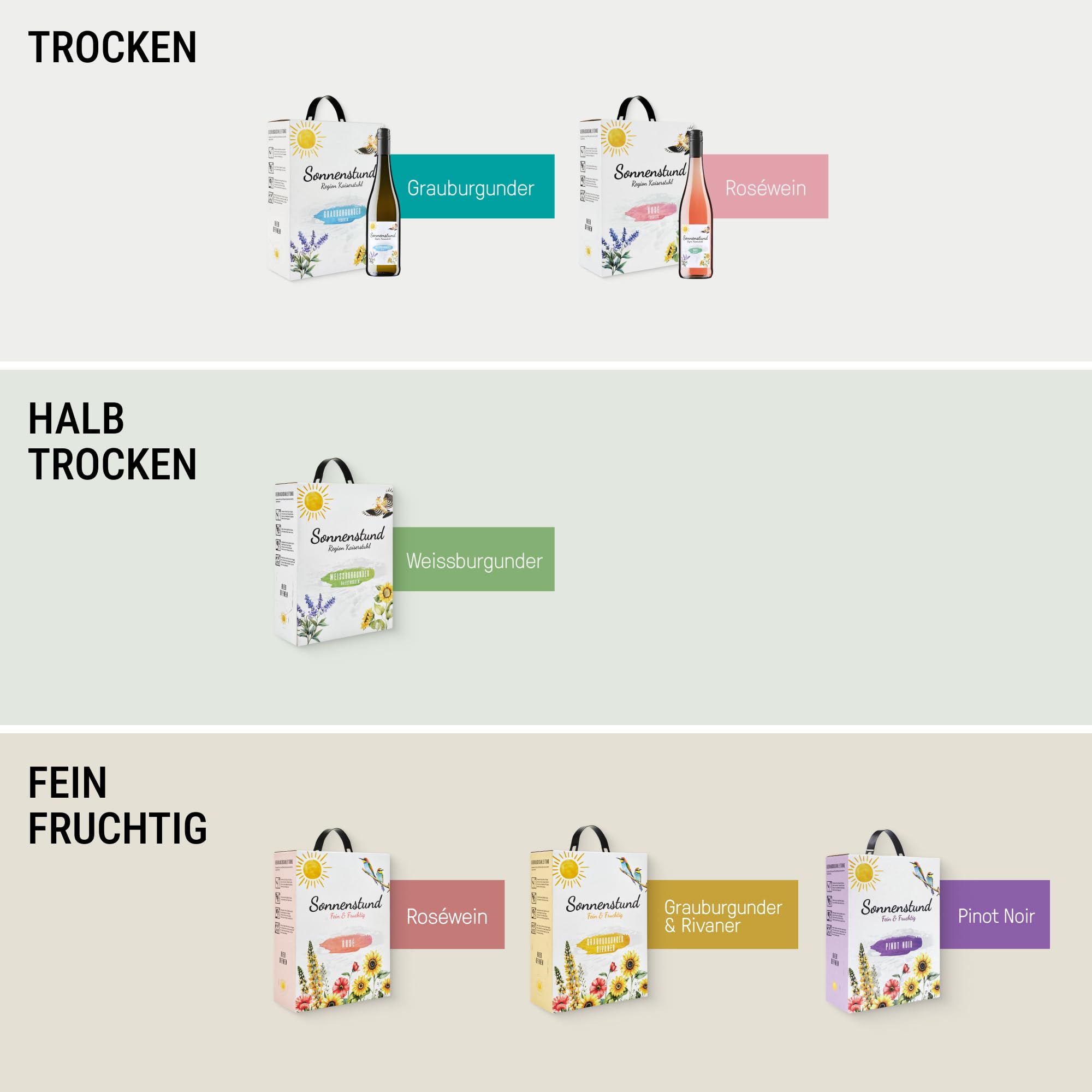 Sonnenstund Grauburgunder trocken 3 Liter Wein-Box, zarte Fruchtaromen nach Pfirsich, Apfel und Zitrusfrüchten, Grauer Burgunder QbA vom Kaiserstuhl (1 x 3,0 l Bag-in-Box) (Packung mit 4)