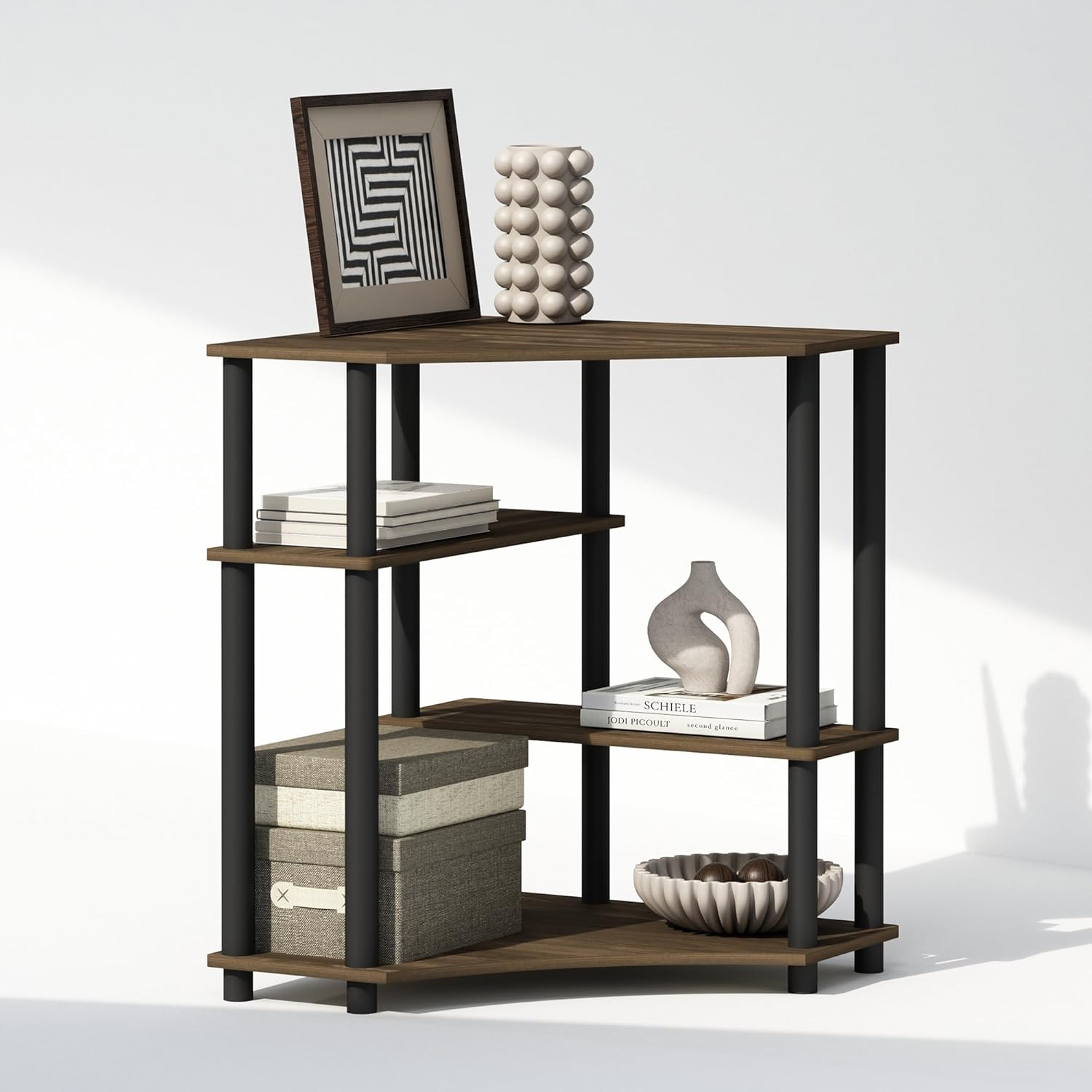 Furinno Turn-N-Tube Storage Shelves, 4-Tier Corner Shelf, Toolless Assembly Display Rack, Corner Bookshelf for Small Space, for Organization and Storage, Living Room, Home Office, Columbia Walnut