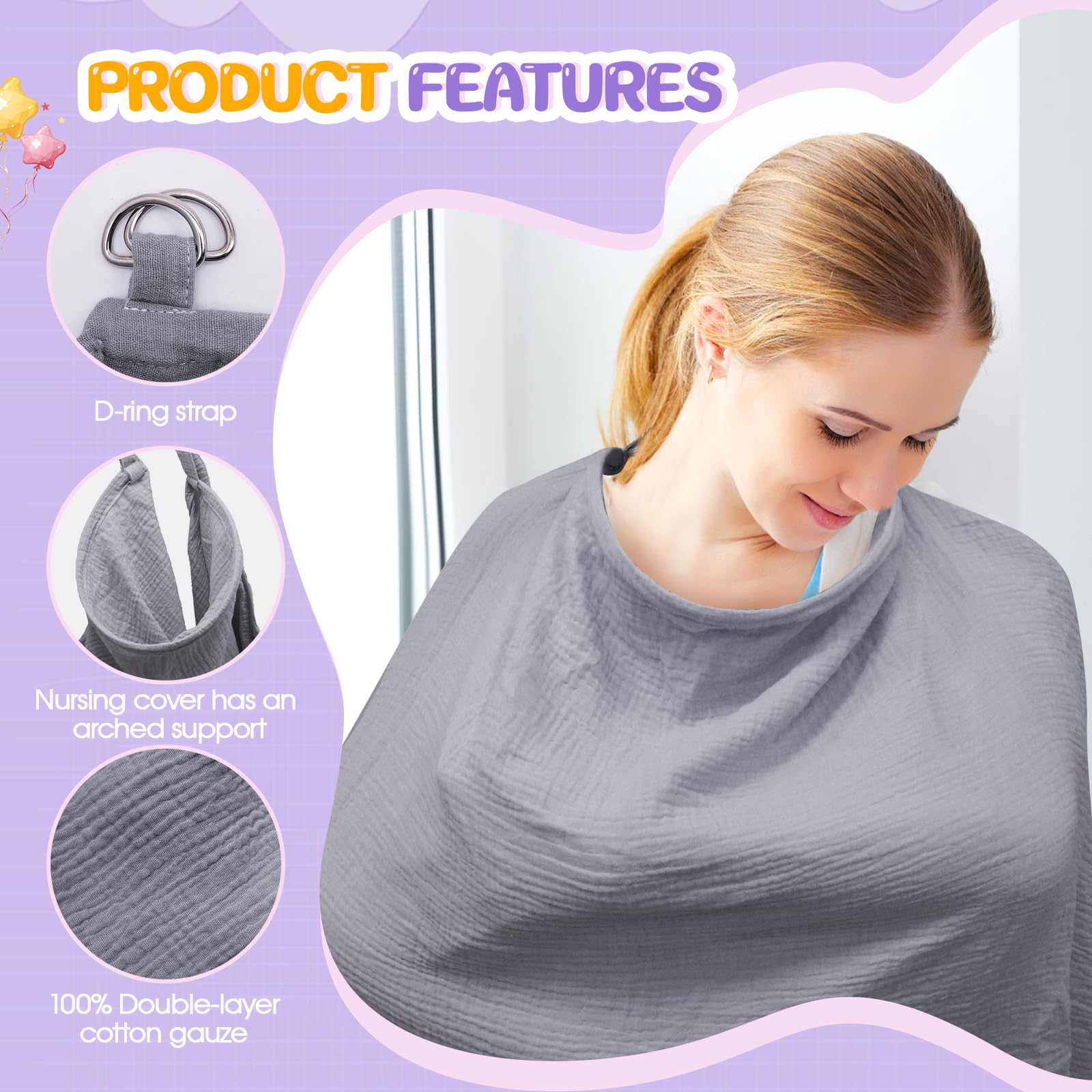 Cape Allaitement Bébé 100% Coton avec Serviette, Doux Respirant Sangles Réglables Gris