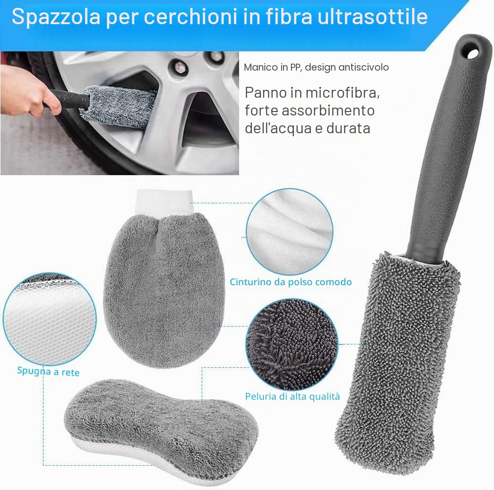 Spugna per Auto, Set di Pulizia, Kit in Microfibra per Lavaggio e Cura dell'Auto,Spazzola di Ruota