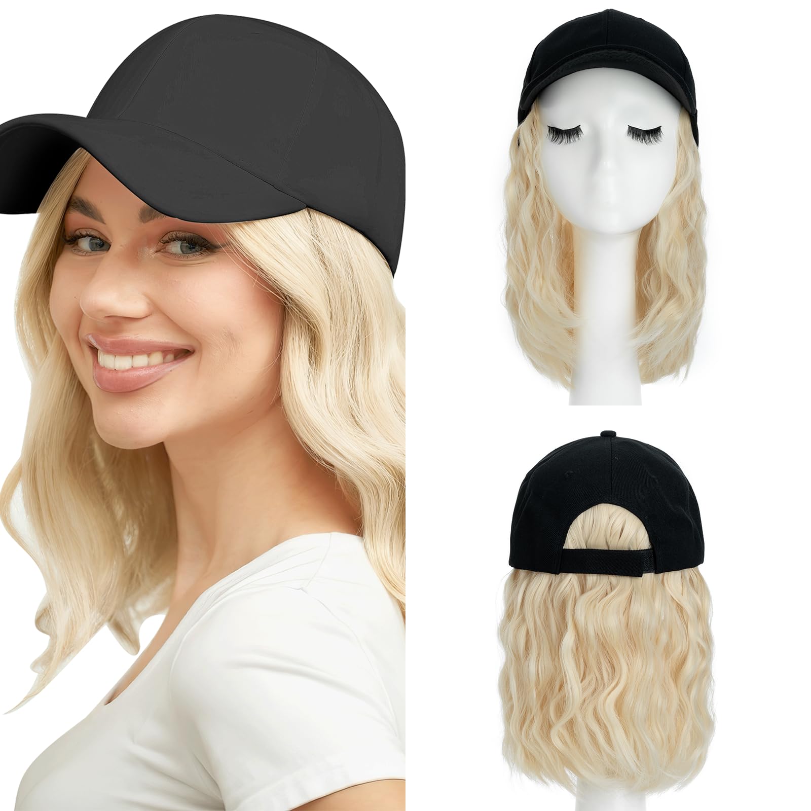 8 Inch Baseball Cap With Hair Extensions BOB Synthetic Hair With Attached Black Hat With One Piece Hair Extensions For Women