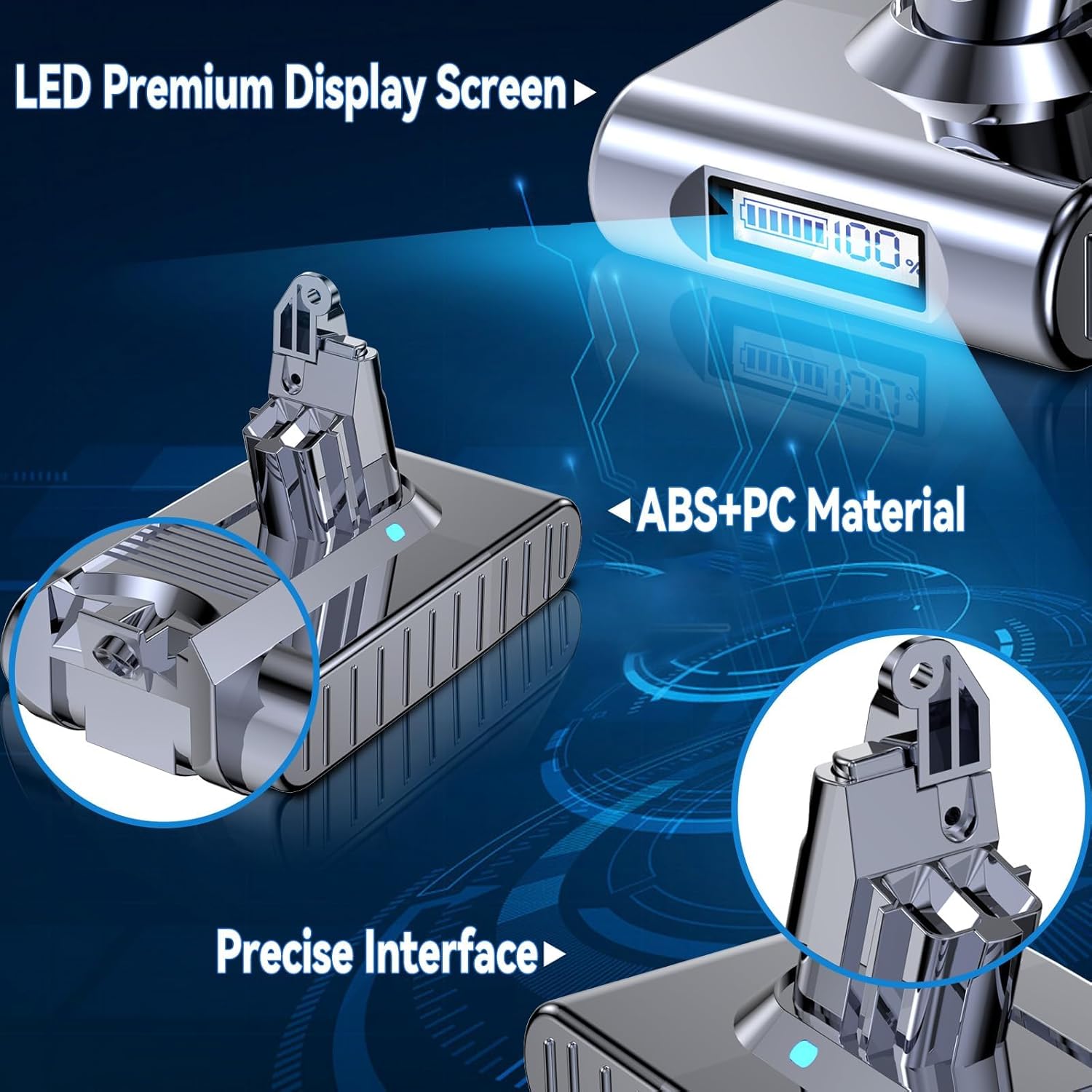 Close-up of the Bonacell V6 replacement battery highlighting its precise interface and LED premium display screen.